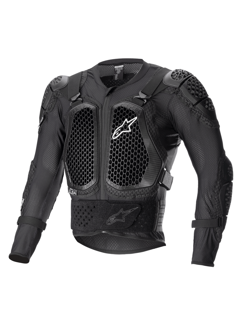 Chaqueta de protección Alpinestars Bionic Action V2, negra, con protectores de pecho y codos con tecnología Cell con patrón de panal, construcción de malla transpirable, logotipo de Alpinestars en blanco en el pecho, equipo de protección para motocross