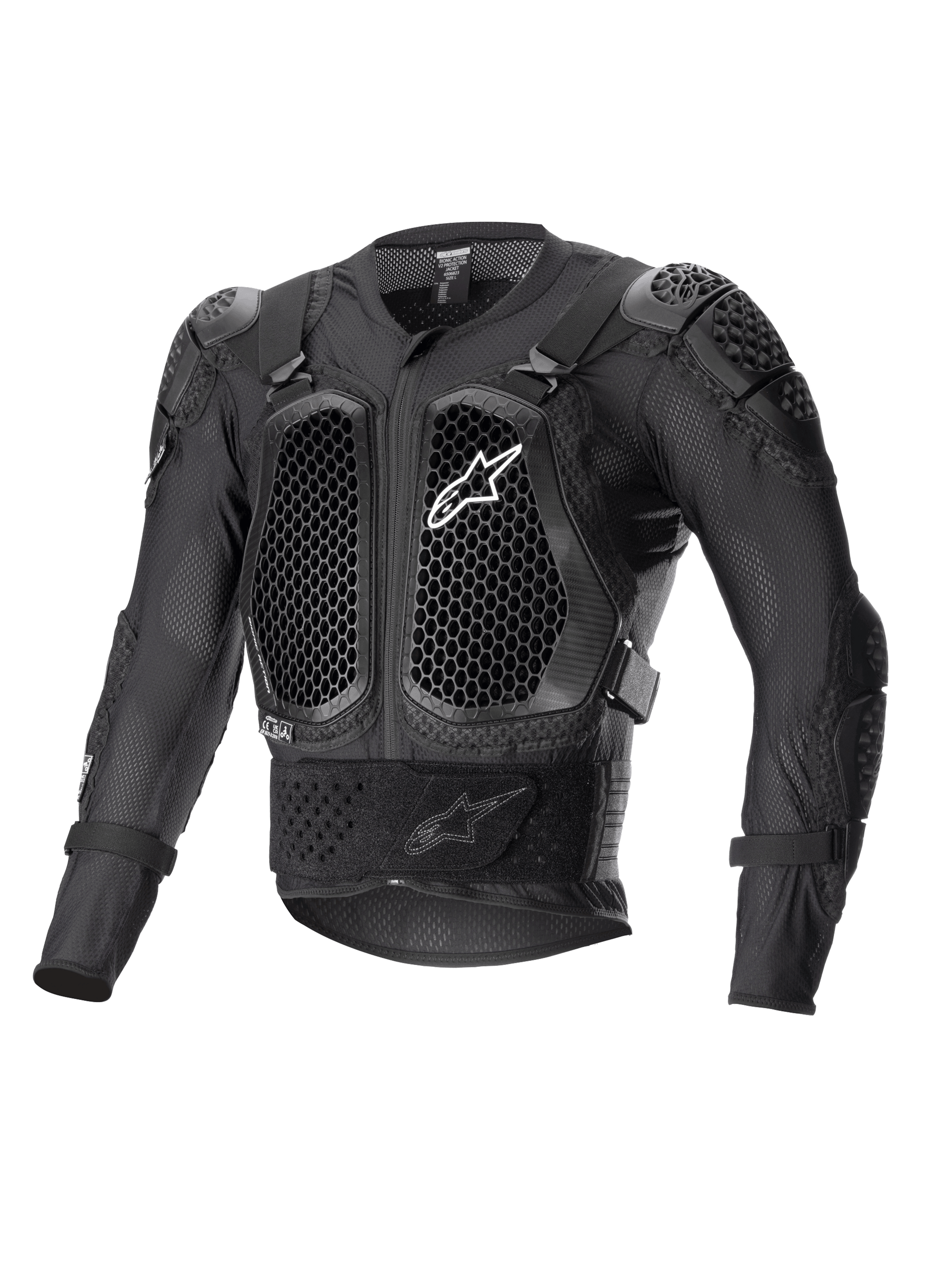 Chaqueta de protección Alpinestars Bionic Action V2, negra, con protectores de pecho y codos con tecnología Cell con patrón de panal, construcción de malla transpirable, logotipo de Alpinestars en blanco en el pecho, equipo de protección para motocross