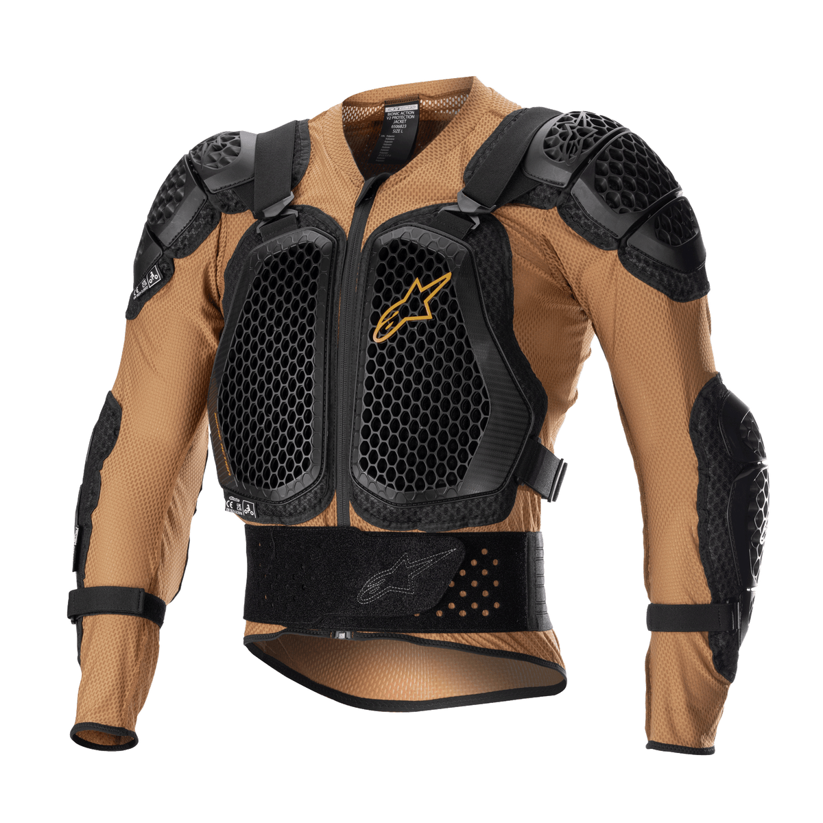 Alpinestars Bionic Action V2 Protection Jacket, chaqueta de protección para moto, color arena y negro con detalles mandarina, con placas de pecho y hombros con tecnología Cell y patrón de panal, construcción de malla transpirable, cinturón integrado y correas ajustables, con certificación CE para motocross y off-road