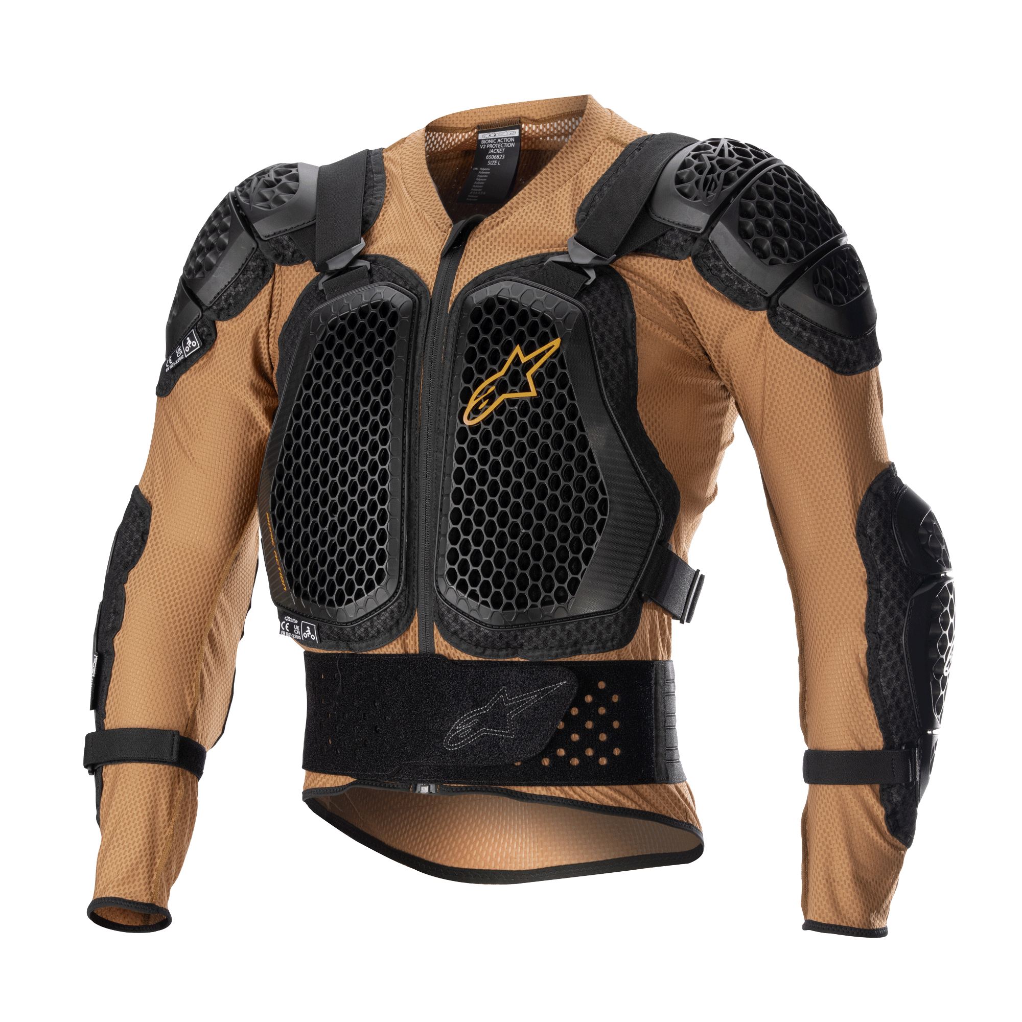 Alpinestars Bionic Action V2 Protection Jacket, chaqueta de protección para moto, color arena y negro con detalles mandarina, con placas de pecho y hombros con tecnología Cell y patrón de panal, construcción de malla transpirable, cinturón integrado y correas ajustables, con certificación CE para motocross y off-road
