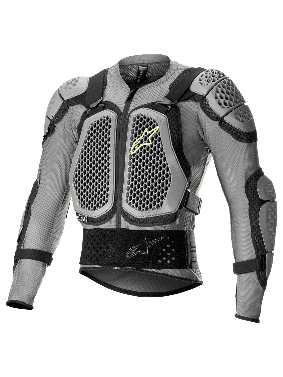 Alpinestars Bionic Action V2 Protection Jacket, armadura corporal para moto off-road, gris y negra con detalles en amarillo flúor, con tecnología Cell de patrón de panal en pecho y hombros, construcción de malla transpirable, correas ajustables y cinturón lumbar seguro para motocross y enduro
