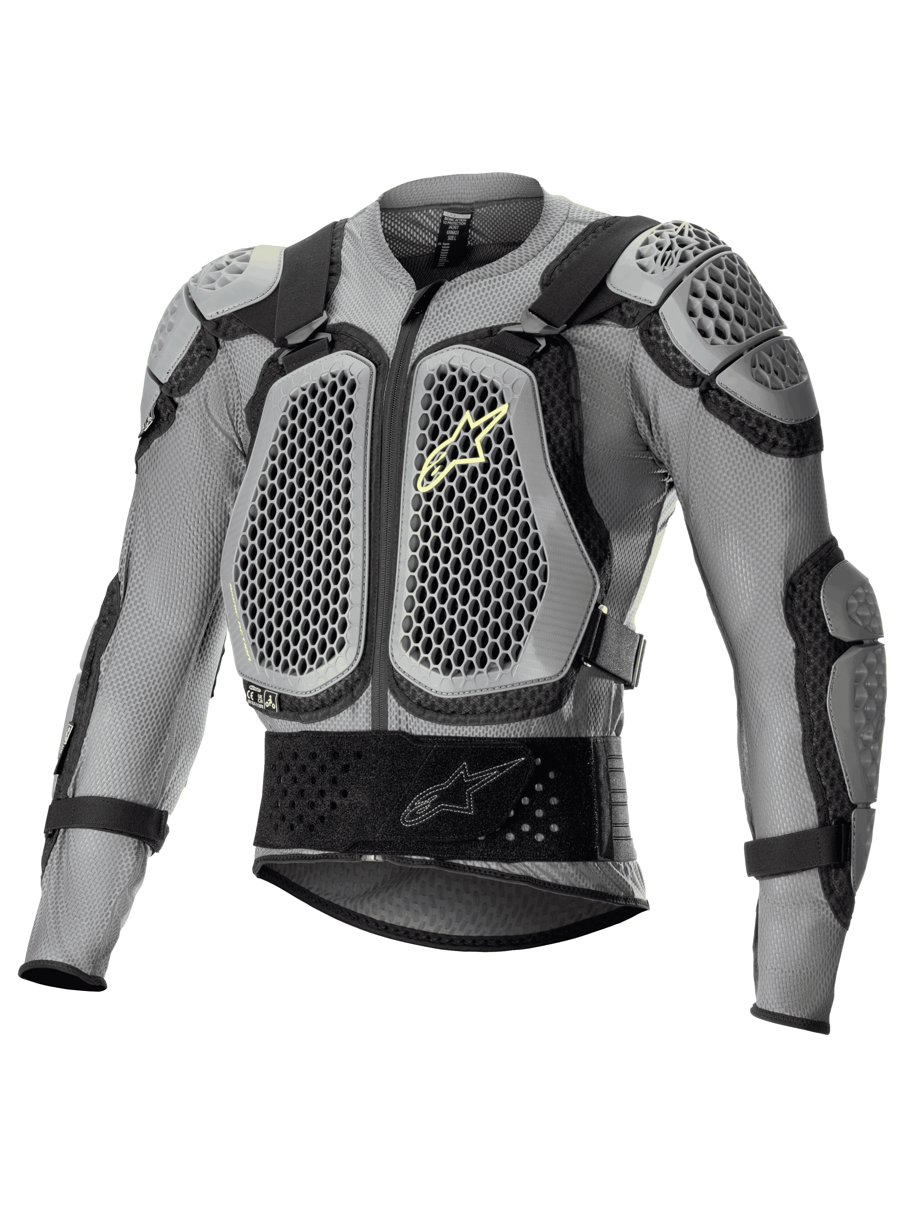 Alpinestars Bionic Action V2 Protection Jacket, armadura corporal para moto off-road, gris y negra con detalles en amarillo flúor, con tecnología Cell de patrón de panal en pecho y hombros, construcción de malla transpirable, correas ajustables y cinturón lumbar seguro para motocross y enduro