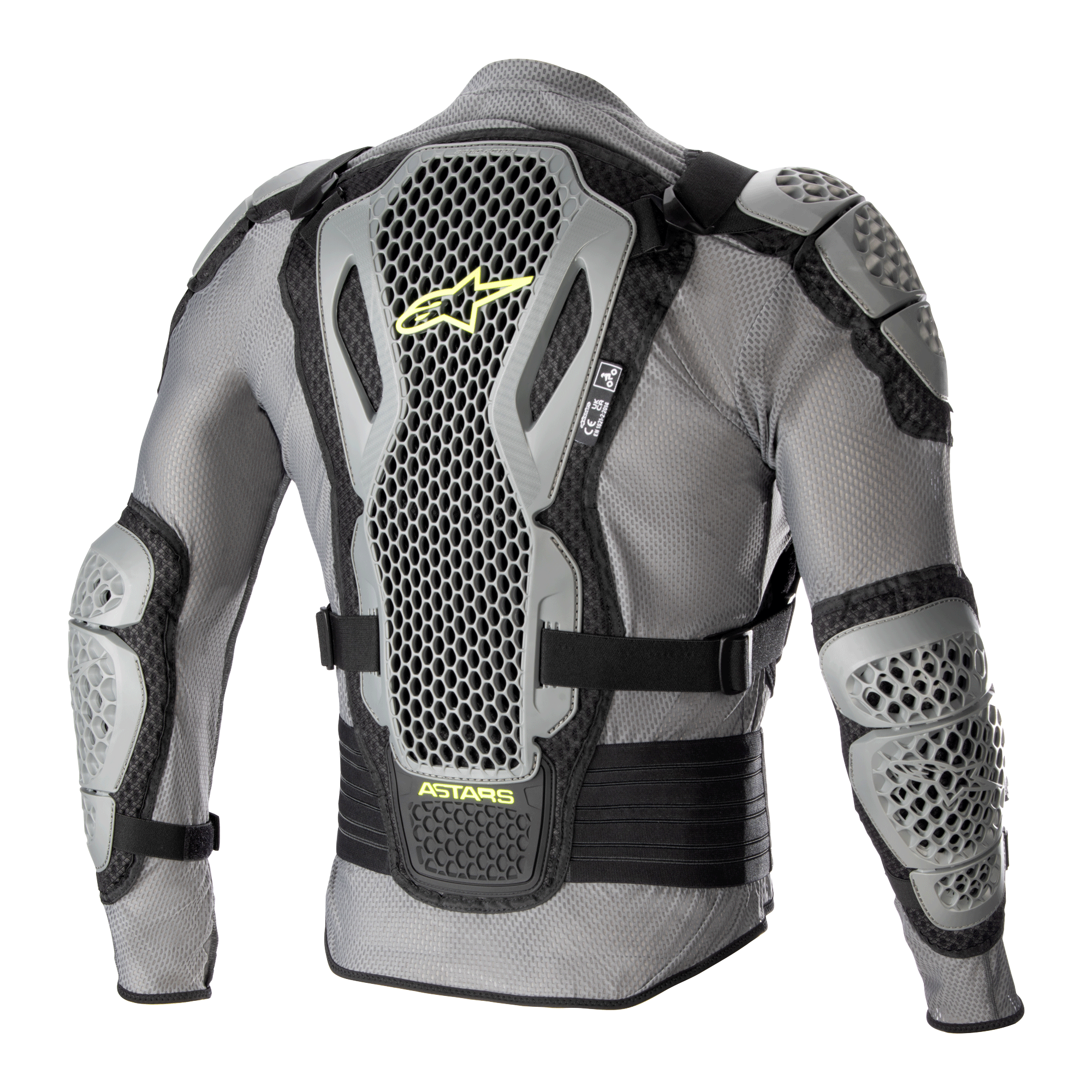 Chaqueta de protección Alpinestars Bionic Action V2, vista posterior, gris y negra con detalles en amarillo flúor, con protectores de espalda, hombros y codos con tecnología Cell altamente perforada, chasis de malla gris con correas ajustables negras y logotipo Astars en amarillo