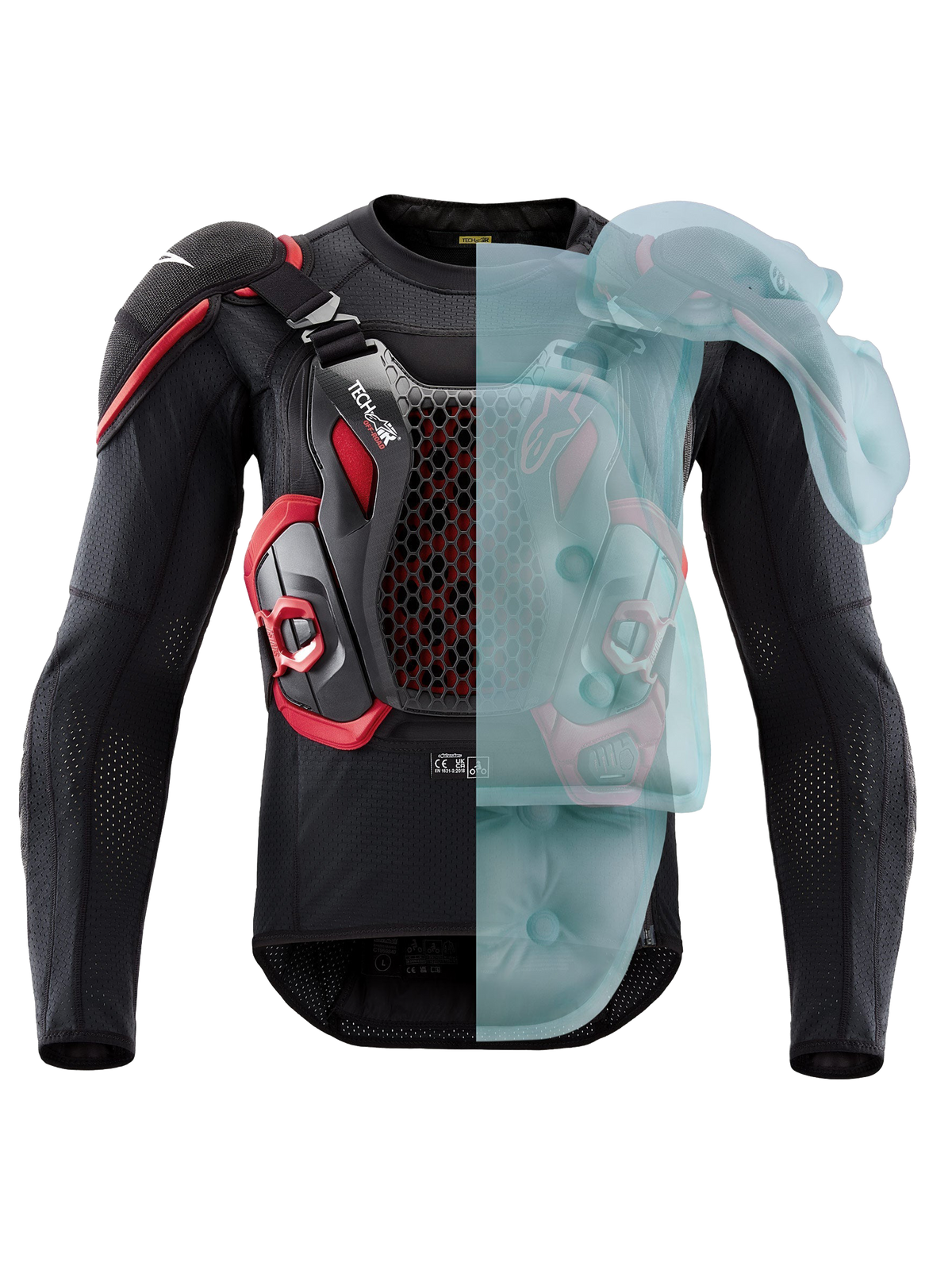 Tech-Air® Off-Road Sistema De Airbag, chaqueta de protección para enduro y rally con homologación FIM, negro y rojo, mostrando la cobertura del airbag activo en un lado