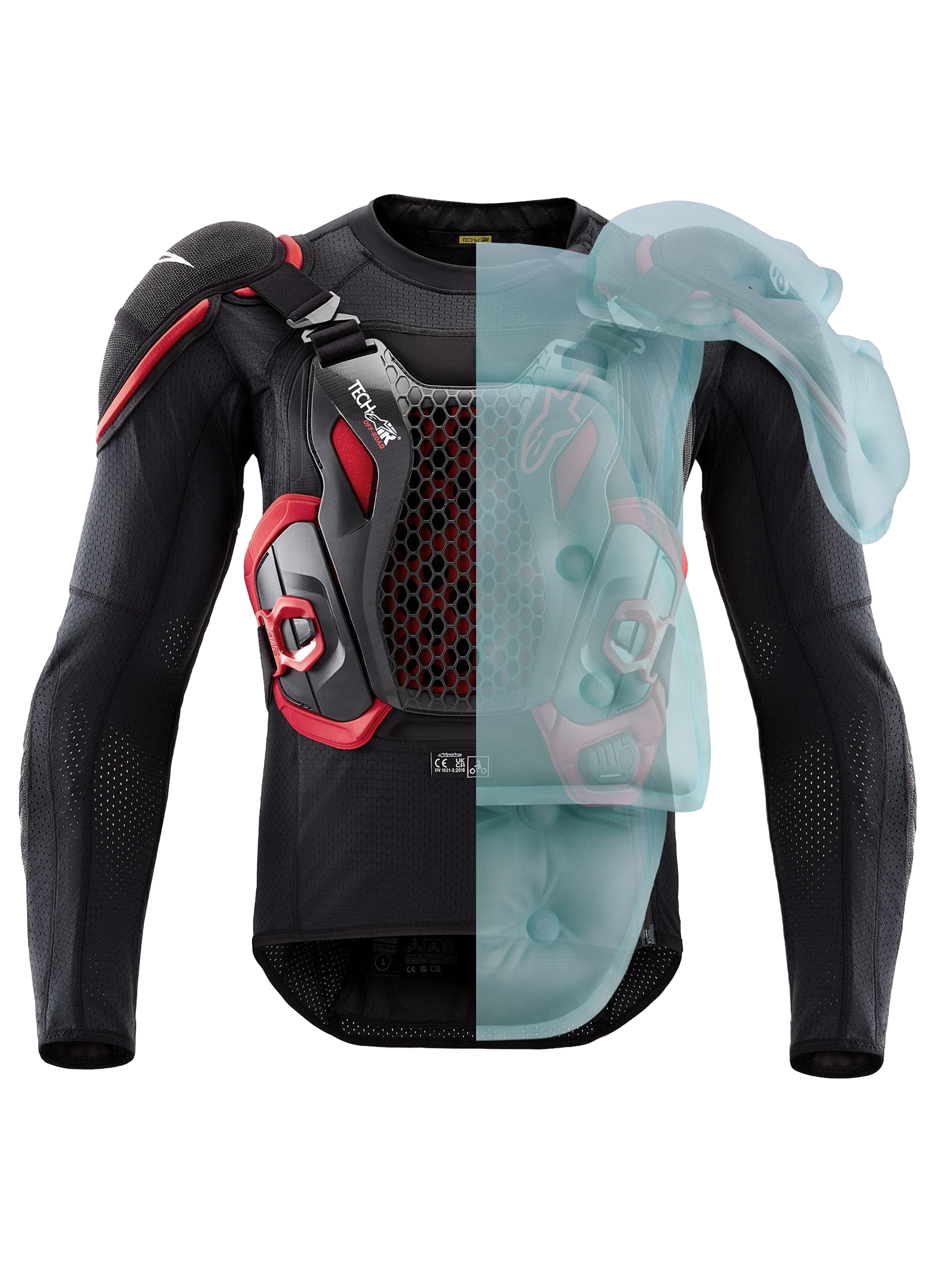 Tech-Air® Off-Road Sistema De Airbag, chaqueta de protección para enduro y rally con homologación FIM, negro y rojo, mostrando la cobertura del airbag activo en un lado