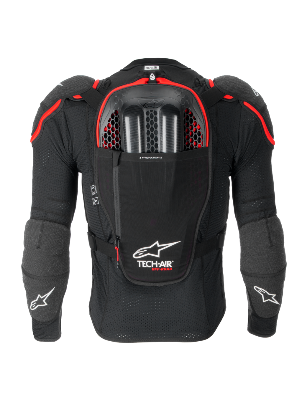 Alpinestars Tech-Air® Off-Road Sistema De Airbag, vista trasera en negro y rojo, con protector de espalda Nucleon CELL integrado, compartimento para bolsa de hidratación y protección CE Nivel 1