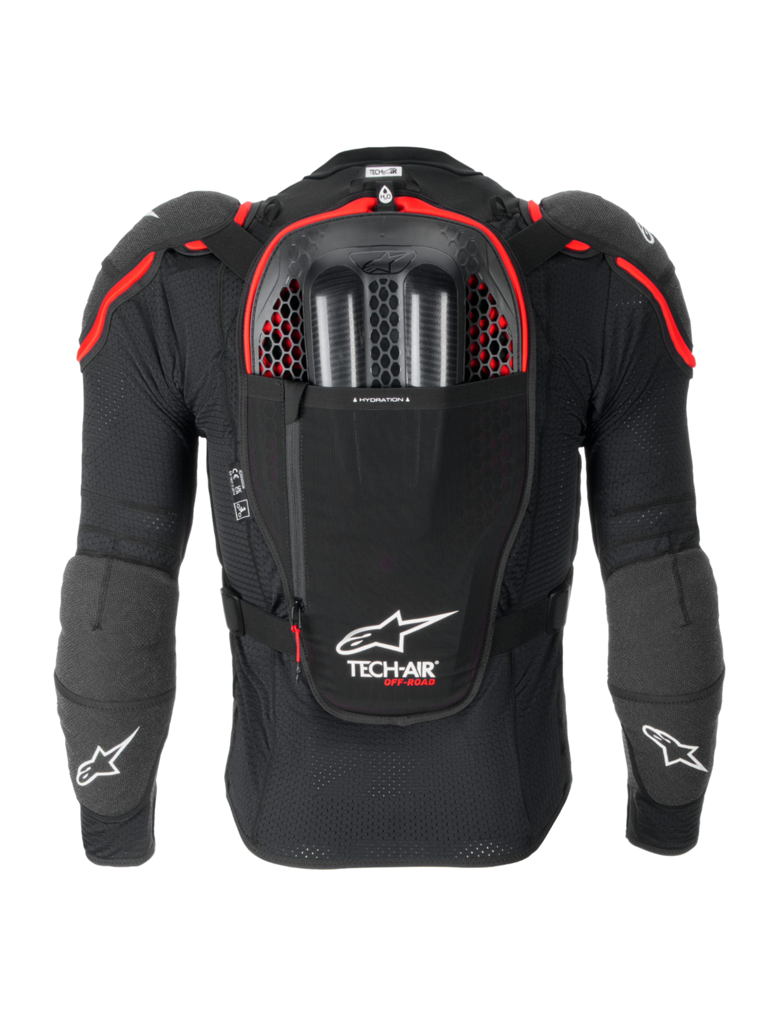Alpinestars Tech-Air® Off-Road Sistema De Airbag, vista trasera en negro y rojo, con protector de espalda Nucleon CELL integrado, compartimento para bolsa de hidratación y protección CE Nivel 1
