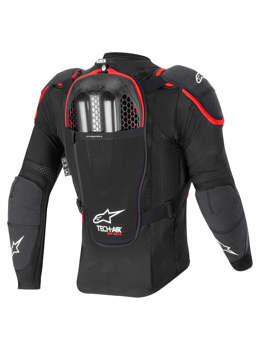 Alpinestars Tech-Air® Off-Road Sistema De Airbag, chaqueta protectora para motociclismo off-road, vista trasera, negro y rojo, con protector de espalda Nucleon CELL integrado y compartimento para infladores de doble carga