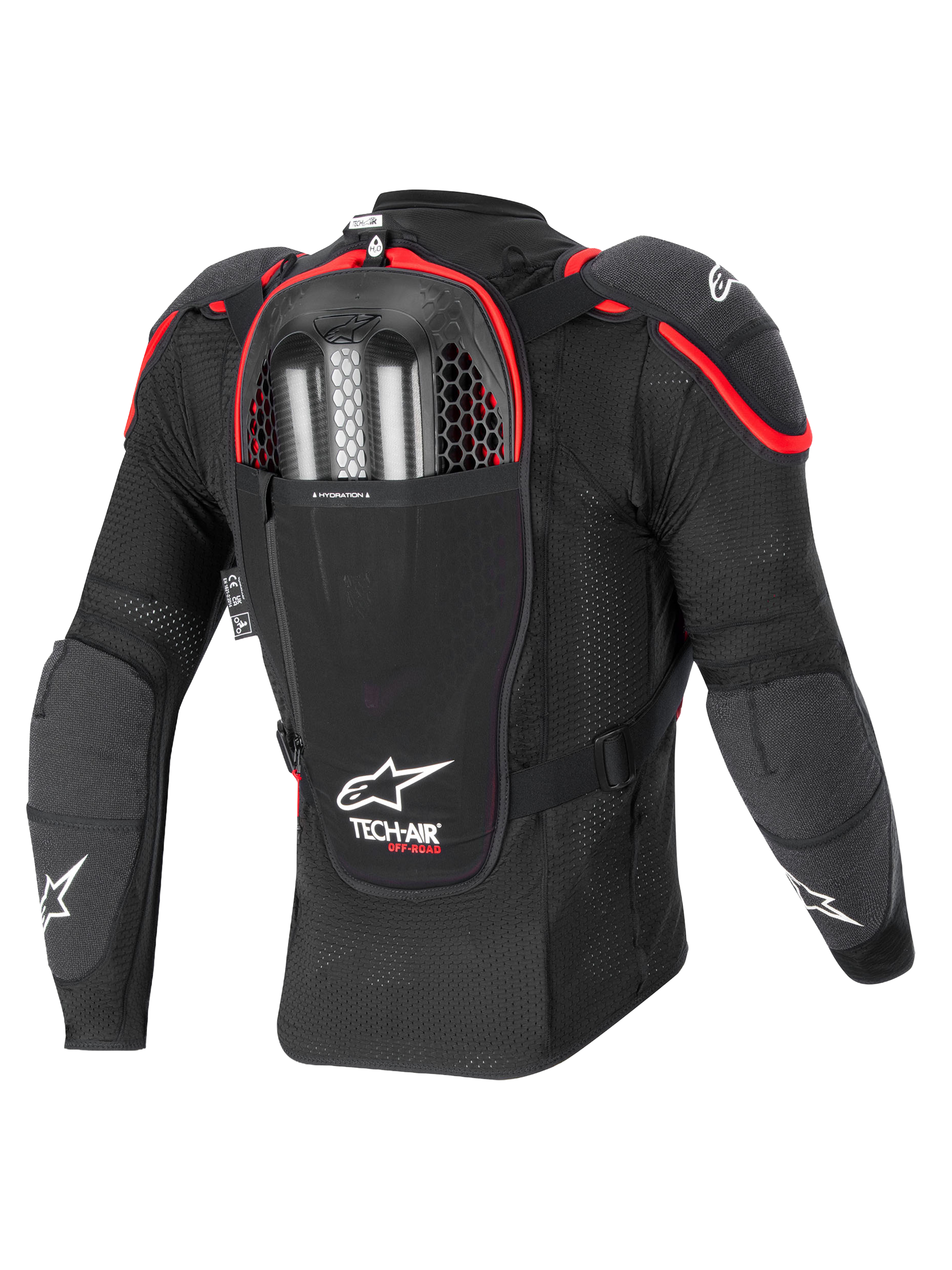 Alpinestars Tech-Air® Off-Road Sistema De Airbag, chaqueta protectora para motociclismo off-road, vista trasera, negro y rojo, con protector de espalda Nucleon CELL integrado y compartimento para infladores de doble carga