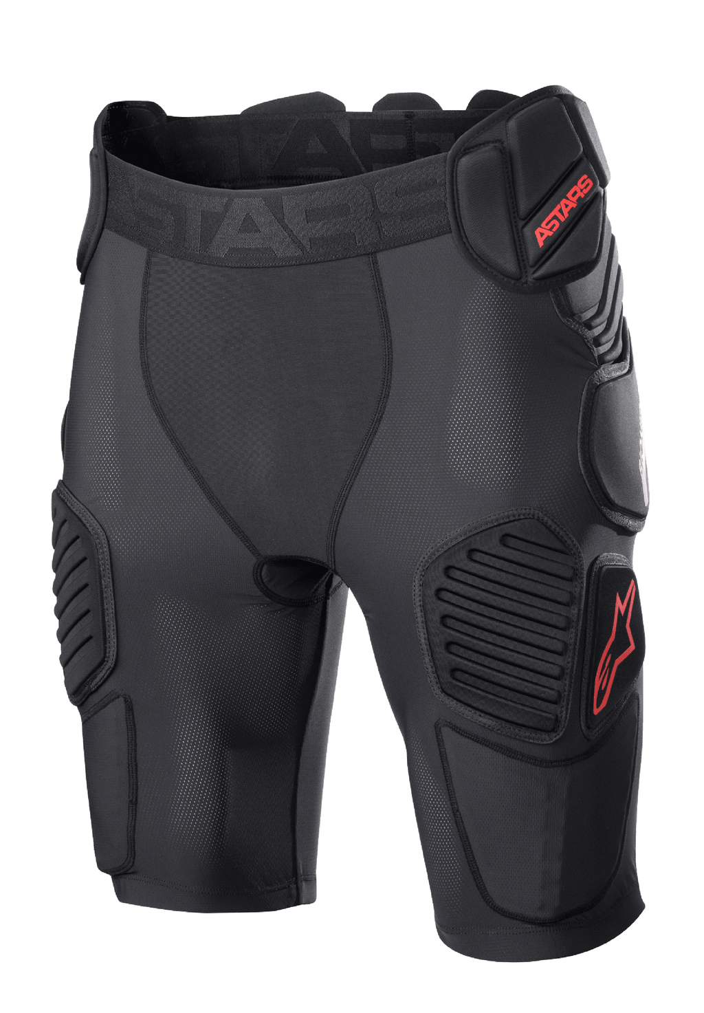 Alpinestars Bionic Pro Protection Shorts, Motocross Protective Shorts, Black and Red, featuring padded hip and thigh protection, breathable mesh sleeve, elastic waistband with red ASTARS logo, technical design for off-road impact protection