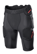 Alpinestars Bionic Pro Protection Shorts, Motocross Protective Shorts, Black and Red, featuring padded hip and thigh protection, breathable mesh sleeve, elastic waistband with red ASTARS logo, technical design for off-road impact protection