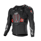 Alpinestars Bionic XTR Plasma Protection Jacket, Black with Red and White accents, Motorcycle Body Armor, breathable mesh-textured chassis, ventilated chest plate with red Nucleon PLASMA inserts, white star logos on sleeves, adjustable side buckles, high-impact off-road gear