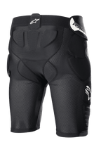 Alpinestars Bionic Action Protection Shorts, negros, pantalones cortos de protección para motocross con estructura de malla transpirable, acolchado integrado en caderas y coxis, con logotipos blancos en la cintura y el lateral.