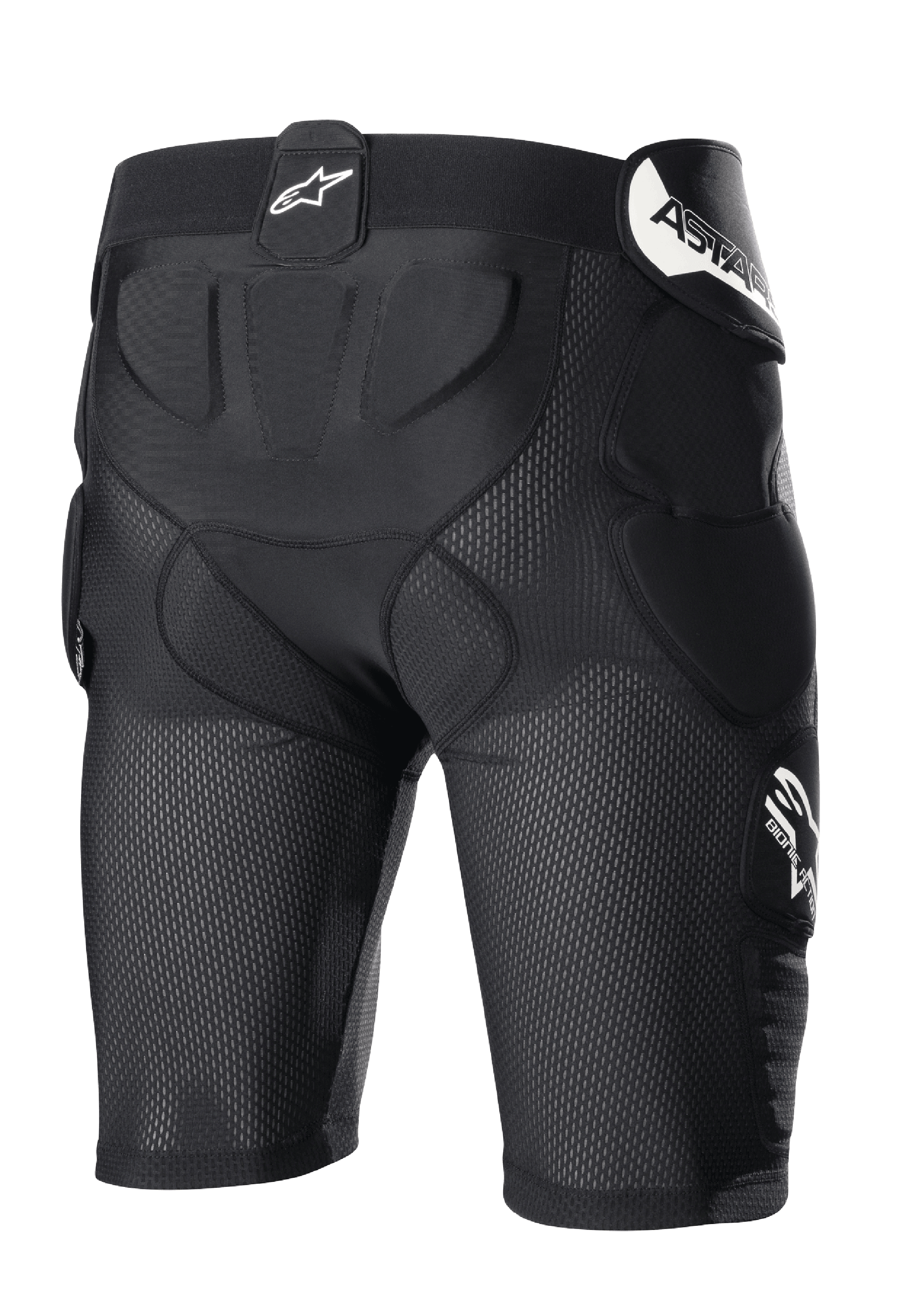 Alpinestars Bionic Action Protection Shorts, negros, pantalones cortos de protección para motocross con estructura de malla transpirable, acolchado integrado en caderas y coxis, con logotipos blancos en la cintura y el lateral.