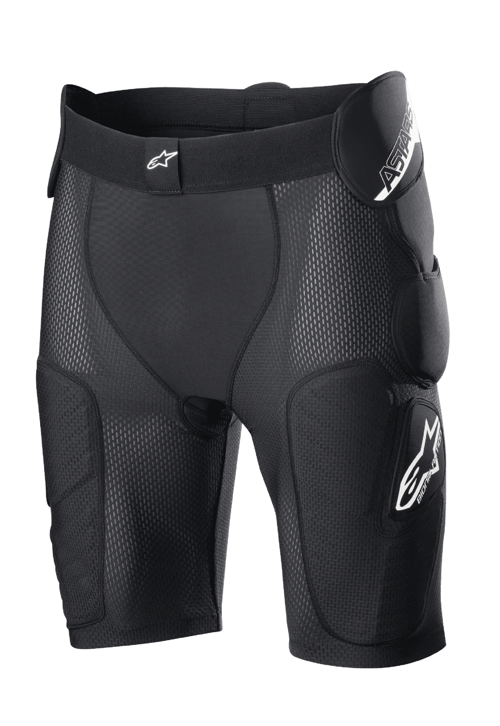 Alpinestars Bionic Action Protection Shorts, pantalones cortos de protección negros, con acolchado integrado en cadera y muslos, confección en malla transpirable, cintura elástica con logo blanco, equipo de protección para motocross y off-road