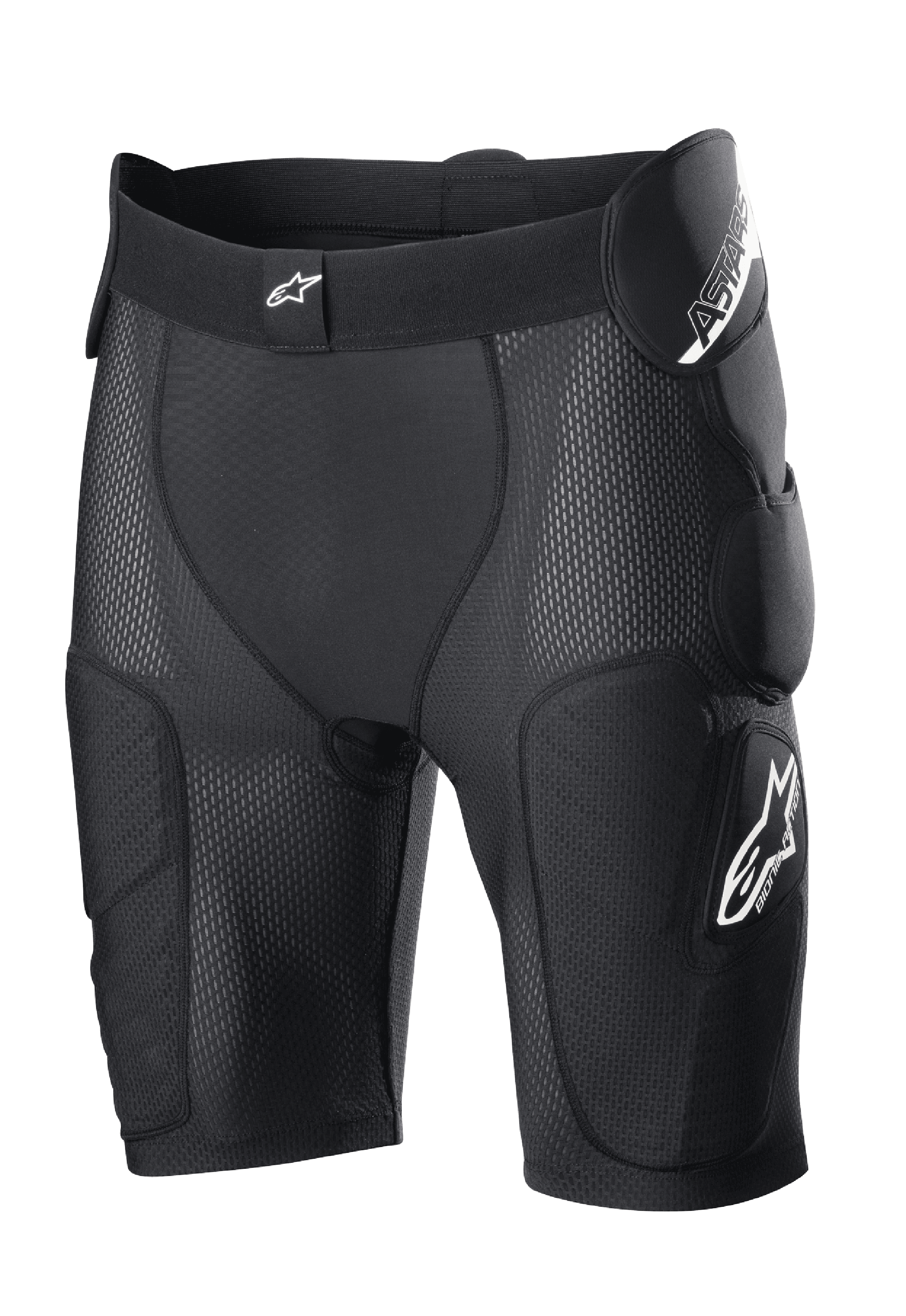 Alpinestars Bionic Action Protection Shorts, pantalones cortos de protección negros, con acolchado integrado en cadera y muslos, confección en malla transpirable, cintura elástica con logo blanco, equipo de protección para motocross y off-road