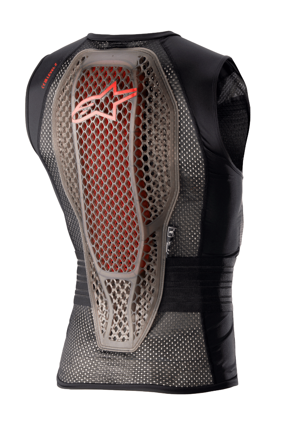 Alpinestars Nucleon Flex Pro Protection Vest, chaleco de protección para moto, humo transparente, rojo y negro, vista trasera que muestra el protector de espalda con estructura híbrida Cell y detalles rojos, chasis de malla negra ventilada y diseño de seguridad ergonómico