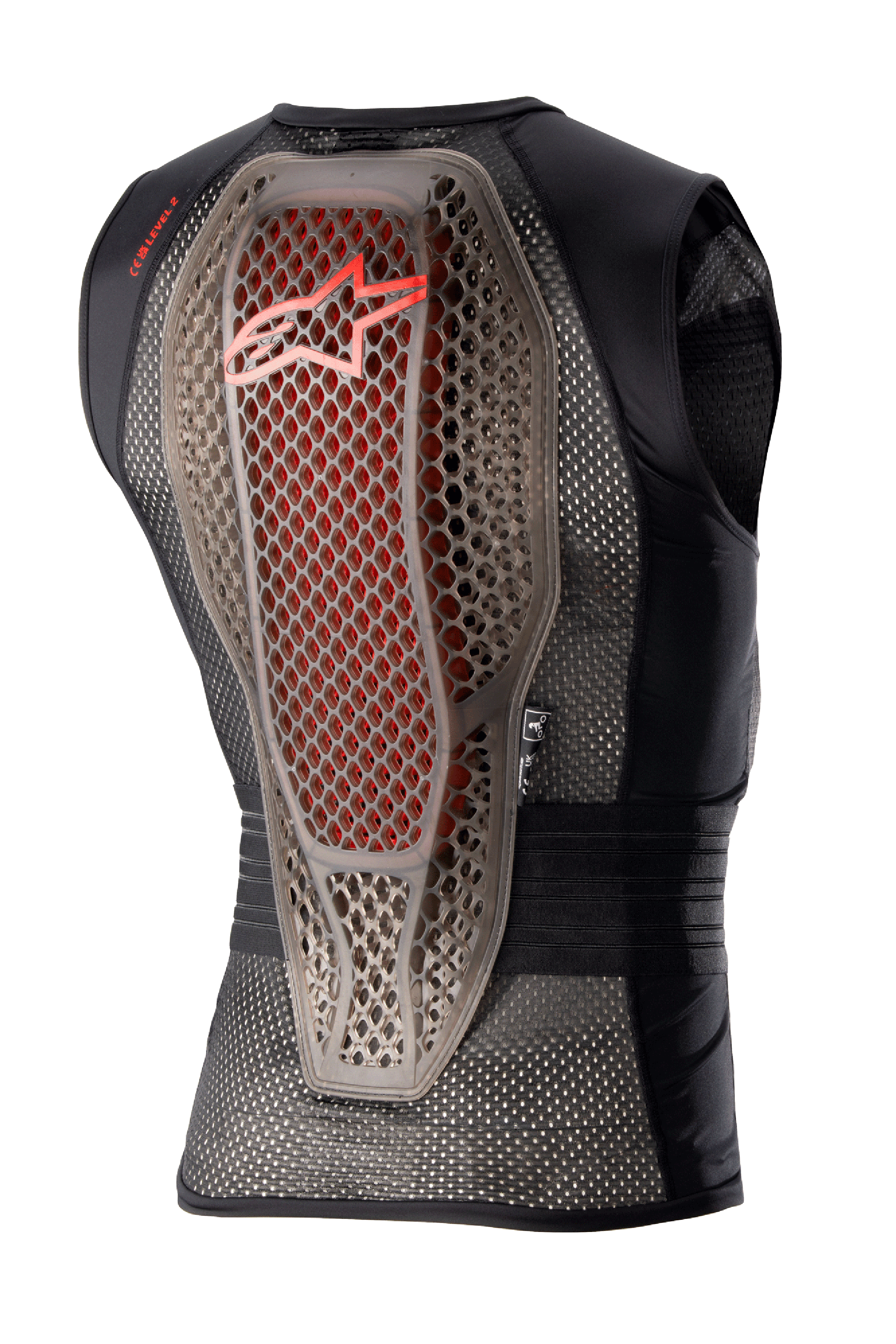 Alpinestars Nucleon Flex Pro Protection Vest, chaleco de protección para moto, humo transparente, rojo y negro, vista trasera que muestra el protector de espalda con estructura híbrida Cell y detalles rojos, chasis de malla negra ventilada y diseño de seguridad ergonómico