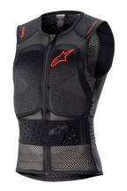 Alpinestars Nucleon Flex Pro Protection Vest, chaleco de protección para moto negro sin mangas, chasis de malla perforada para ventilación, logotipo de Alpinestars rojo en el pecho y texto rojo en los hombros, cinturón elástico ajustable en la cintura, cremallera frontal, protección de espalda y pecho certificada CE Nivel 2