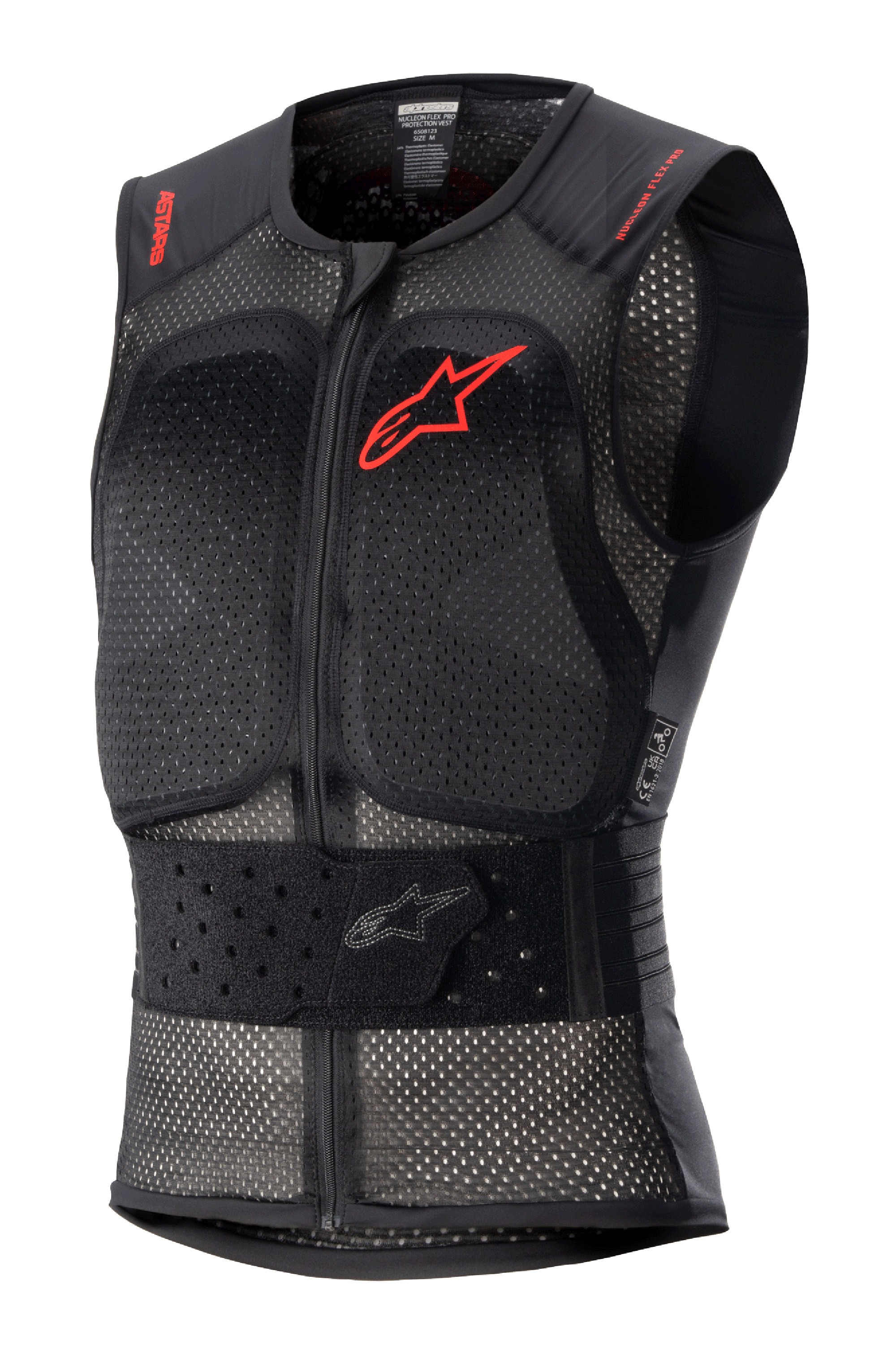 Alpinestars Nucleon Flex Pro Protection Vest, chaleco de protección para moto negro sin mangas, chasis de malla perforada para ventilación, logotipo de Alpinestars rojo en el pecho y texto rojo en los hombros, cinturón elástico ajustable en la cintura, cremallera frontal, protección de espalda y pecho certificada CE Nivel 2