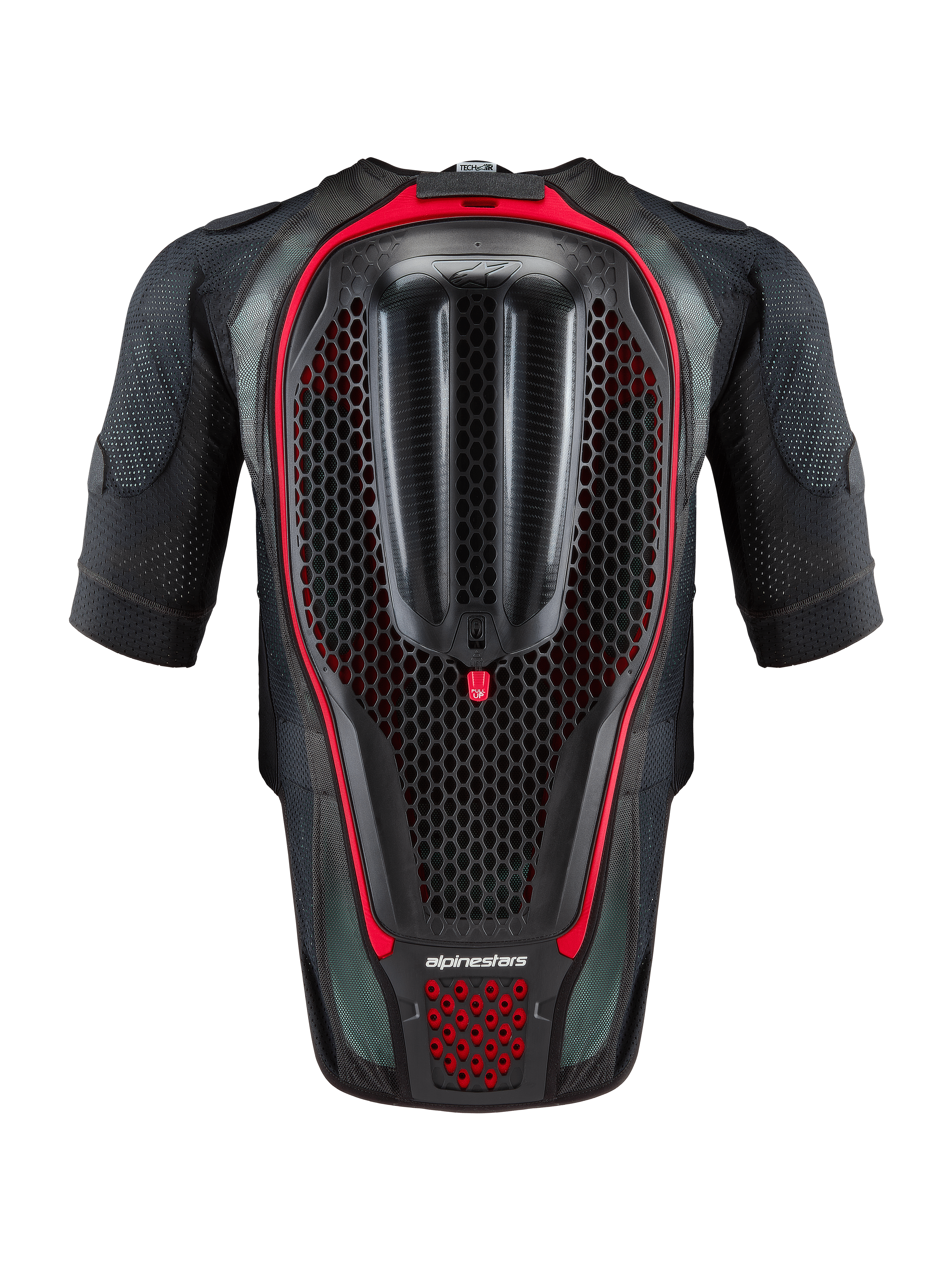 Alpinestars Tech-Air® 7X System, Autonomous Motorcycle Airbag Vest, Black and Red, rear view showing the integrated honeycomb back protector and ventilated mesh construction for track and road riding.