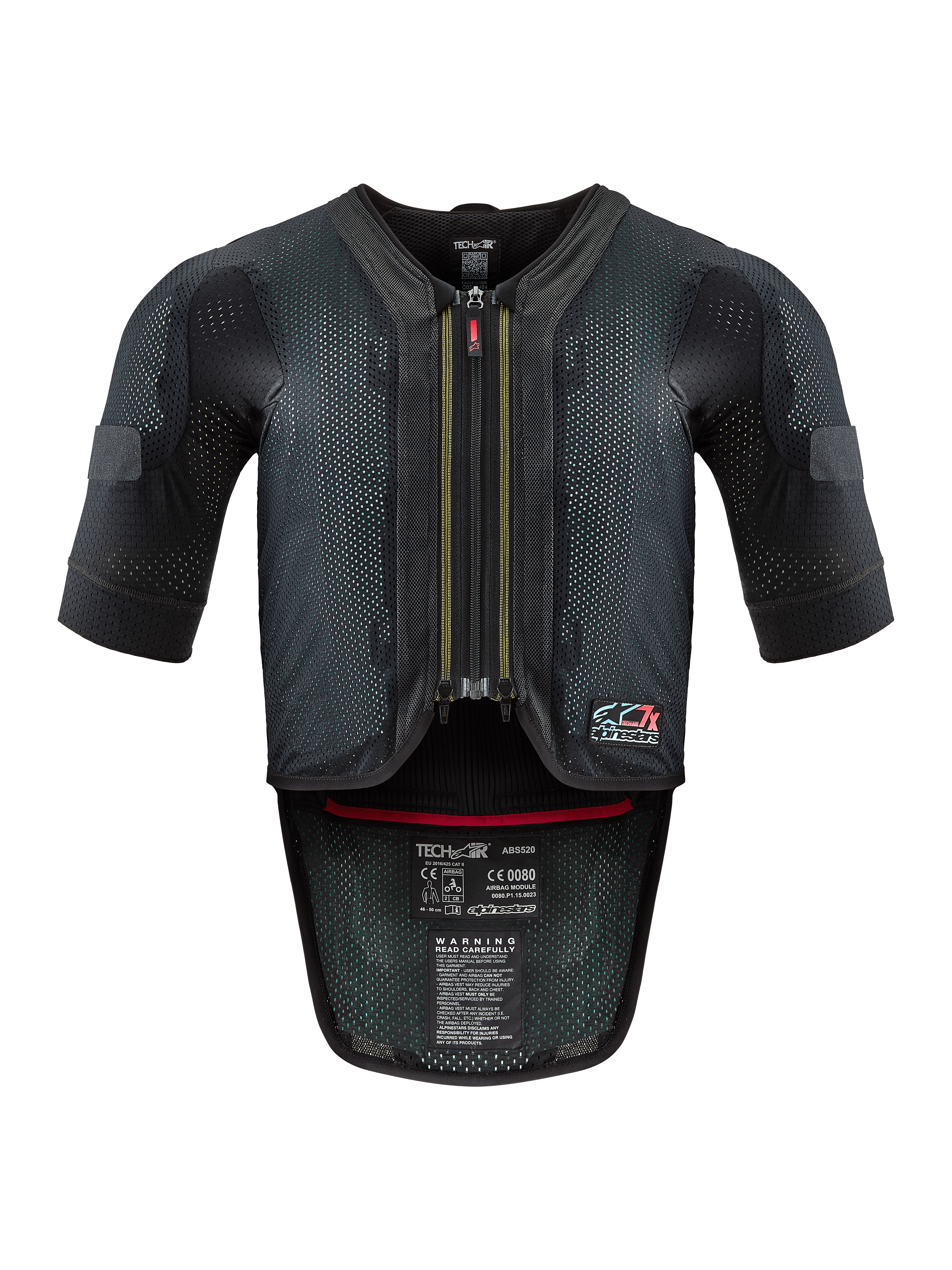 Alpinestars Tech-Air® 7X System, Motorcycle Airbag Vest, Black and Red, front view featuring a ventilated mesh chassis, center zipper with red pull, and internal certification labels, high-performance protection for track and road riding