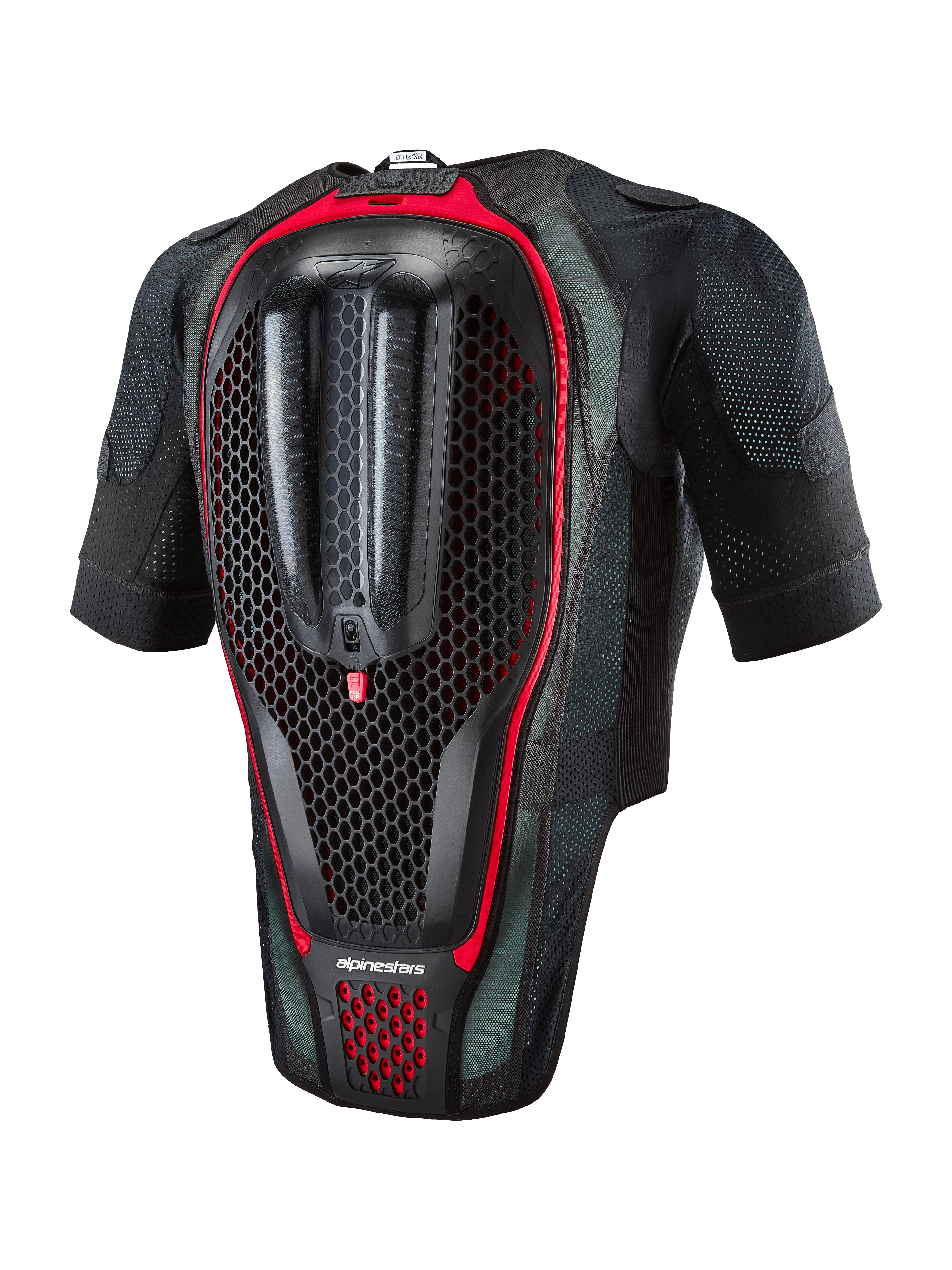 Alpinestars Tech-Air® 7X System, motorcycle airbag vest, rear view showing the integrated back protector with honeycomb texture, black mesh fabric with red highlights, ergonomic safety gear for road racing and track days