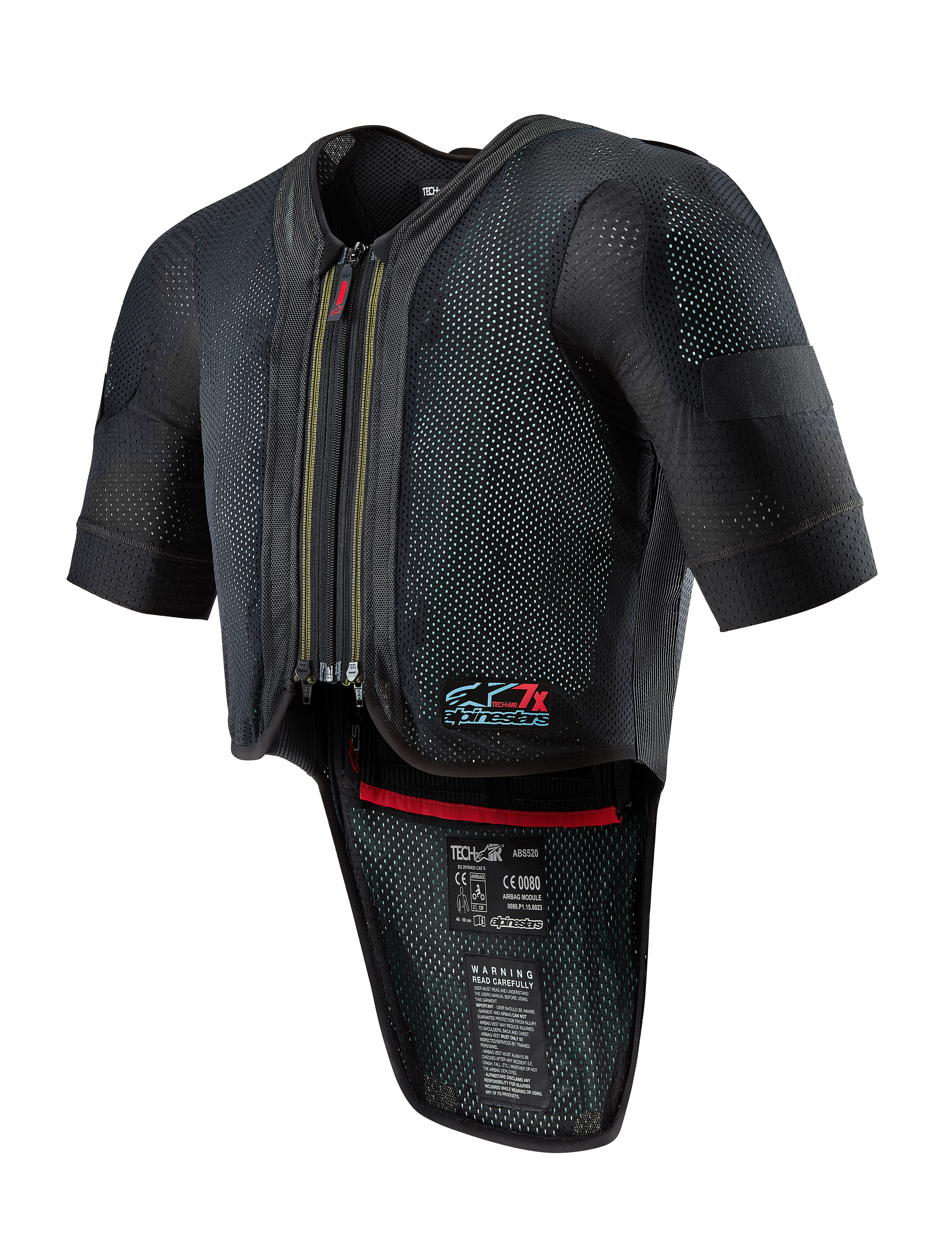 Alpinestars Tech-Air 7X System, chaleco con airbag para motocicleta, negro, con frontal con cremallera, chasis de malla ventilada con textura de puntos, manga corta, protector de espalda extendido, ribete interior rojo y logo Tech-Air 7X en el pecho, diseñado para competición en carretera y rendimiento en pista