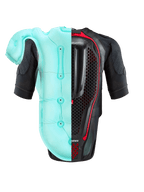 Alpinestars Tech-Air® 7X System, Motorcycle Airbag Vest, Black and Red, back view featuring a split visual of the light blue inflated airbag bladder and the internal honeycomb back protector, high-performance protection for track and street.