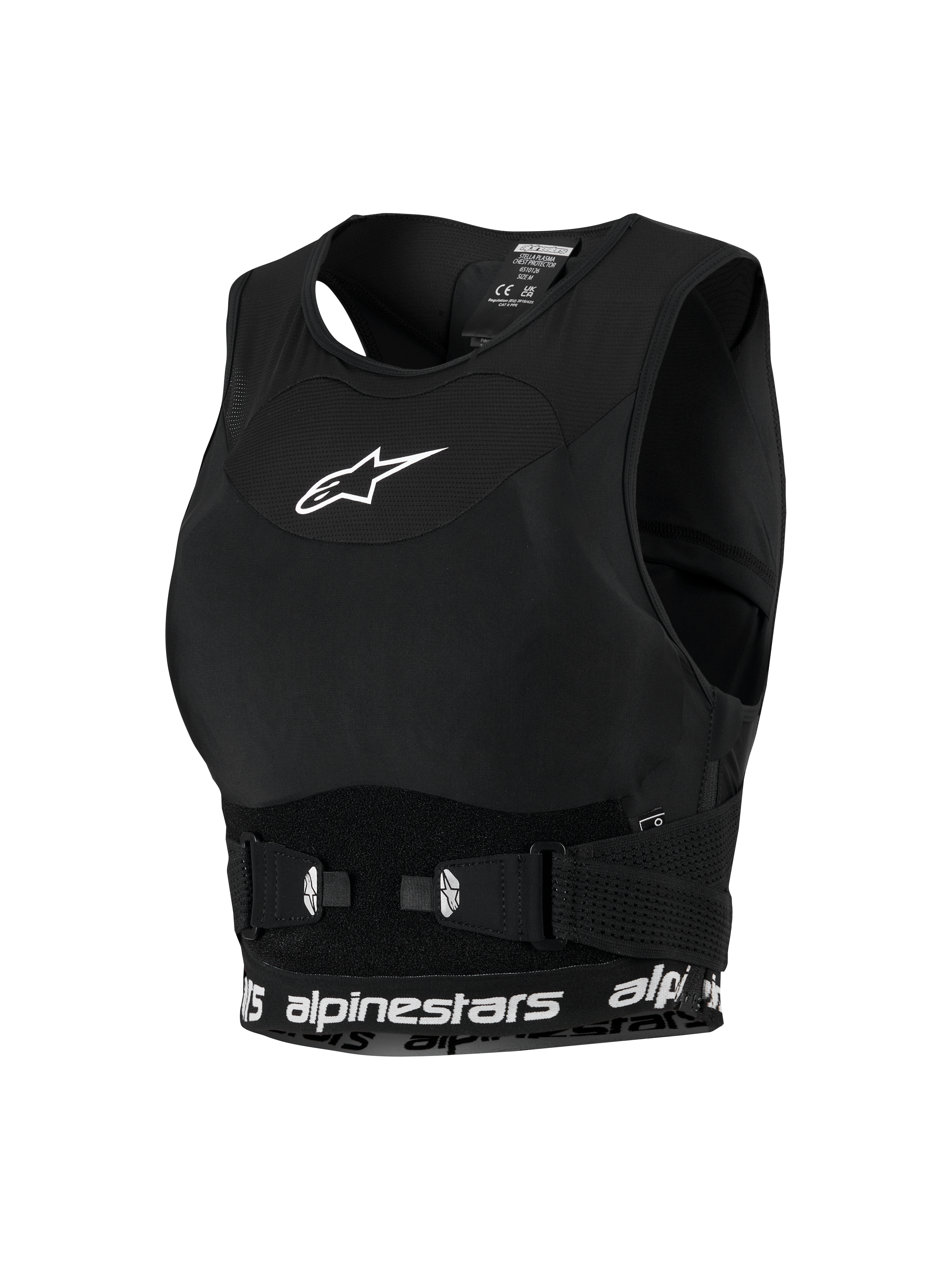 Alpinestars Stella Plasma Chest Protector, protector de pecho de motocross para mujer, negro con detalles blancos, chasis de malla estilo sujetador deportivo, con logotipo de estrella blanca en el pecho y banda inferior con la marca, hebillas laterales ajustables para un ajuste seguro