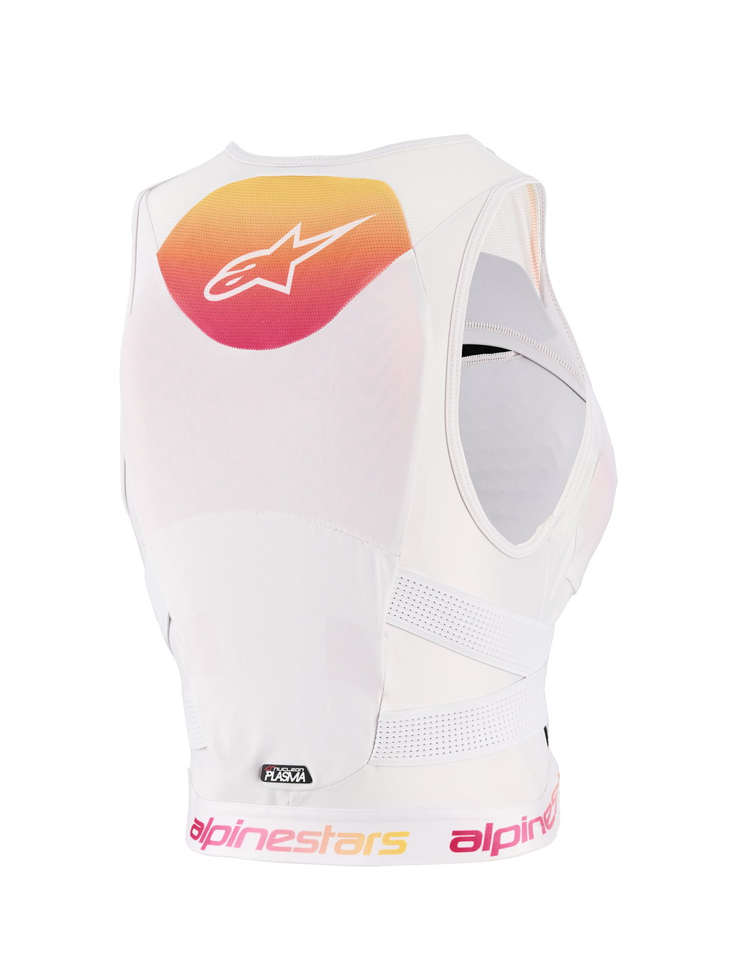 Protector de pecho Alpinestars Stella PLASMA para mujer, Light Lilac Fade White, vista trasera con un gráfico degradado en amarillo y rosa y logotipo blanco, construcción de malla transpirable blanca y correas laterales perforadas para protección off-road.