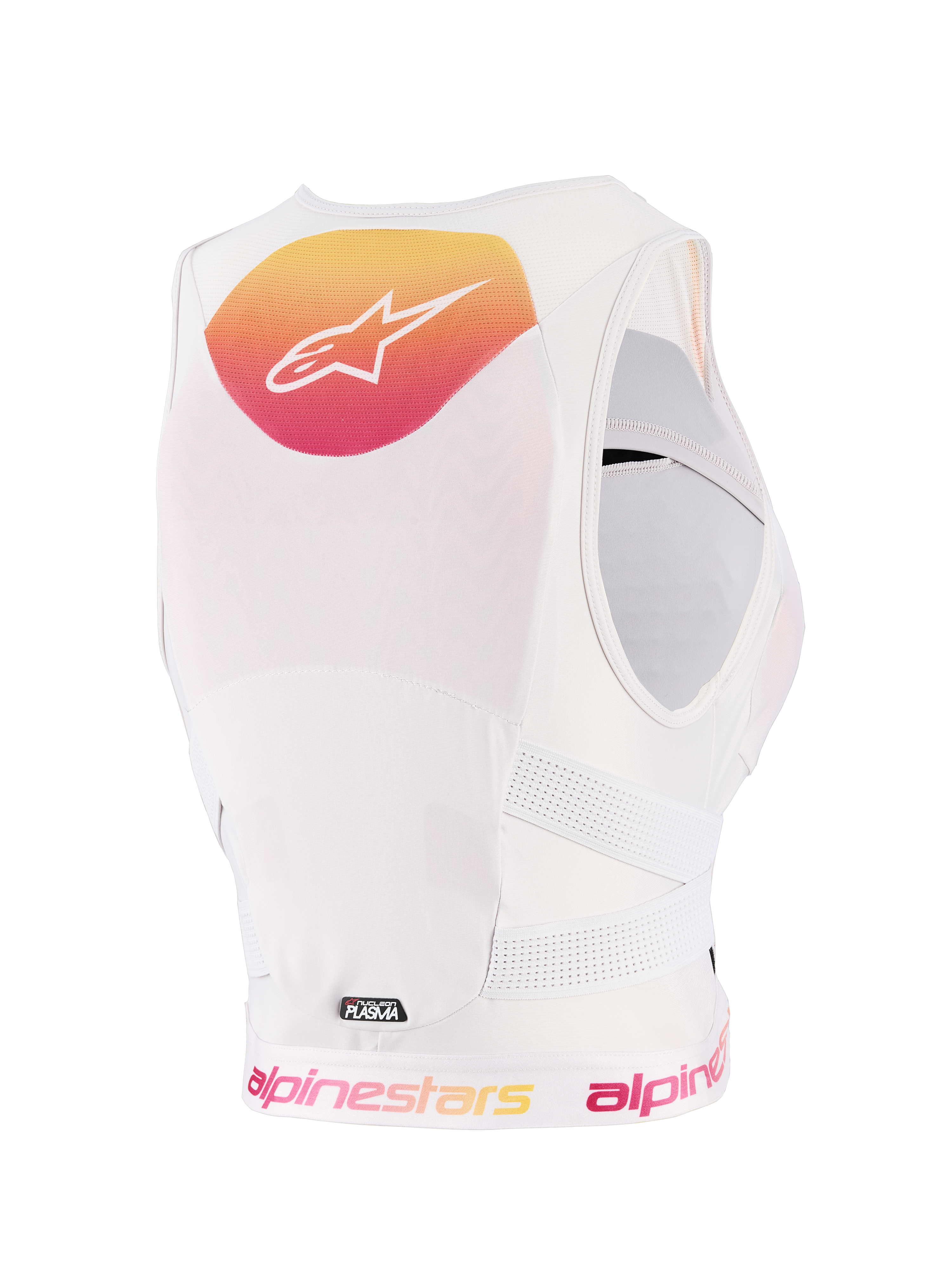 Protector de pecho Alpinestars Stella PLASMA para mujer, Light Lilac Fade White, vista trasera con un gráfico degradado en amarillo y rosa y logotipo blanco, construcción de malla transpirable blanca y correas laterales perforadas para protección off-road.
