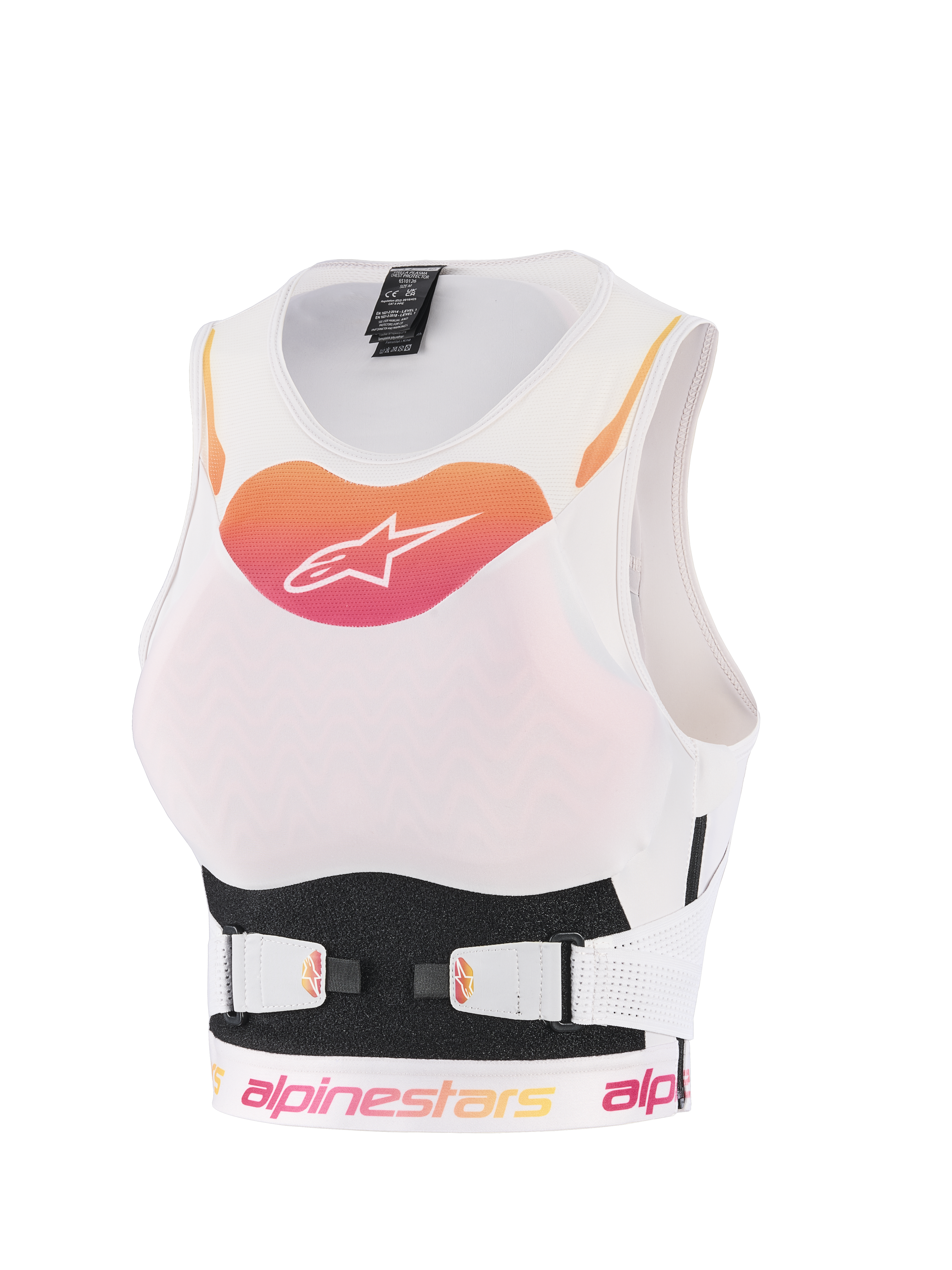 Alpinestars Stella Plasma Chest Protector, chaleco protector de motocross para mujer, blanco con logotipo en degradado naranja y rosa, construcción de malla transpirable con correas de cinturón en V ajustables, armadura corporal ergonómica para off-road