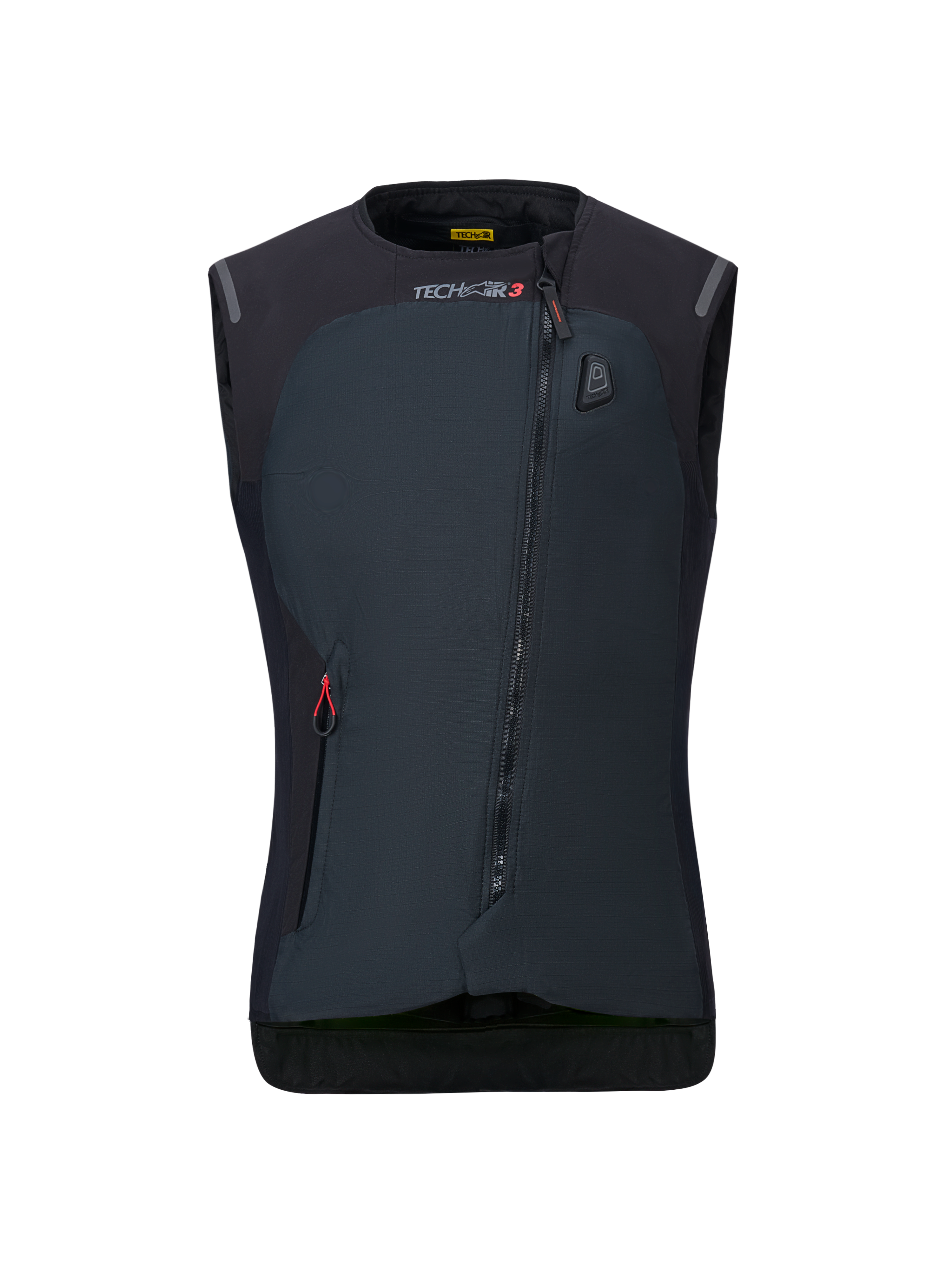 Sistema Alpinestars Stella Tech-Air 3 V2 para mujer, chaleco airbag de moto negro, vista frontal, con una cremallera diagonal, marca Tech-Air 3 e indicador de estado LED en el pecho