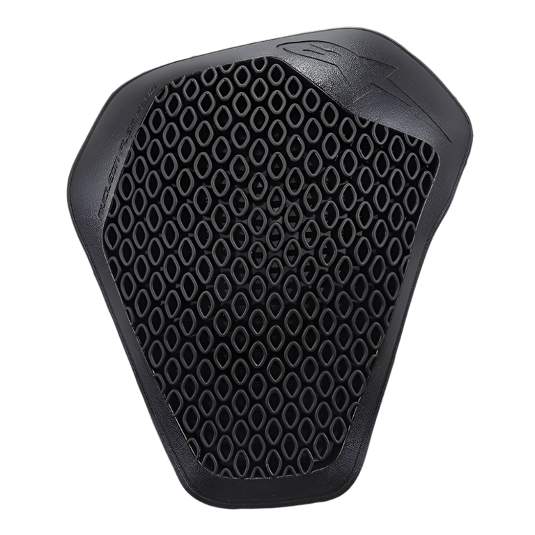 Alpinestars Nucleon Flex Plus Shoulder Protector, Black, motorcycle armor insert featuring a perforated open-cell structure for ventilation, slim ergonomic shield shape, embossed branding
