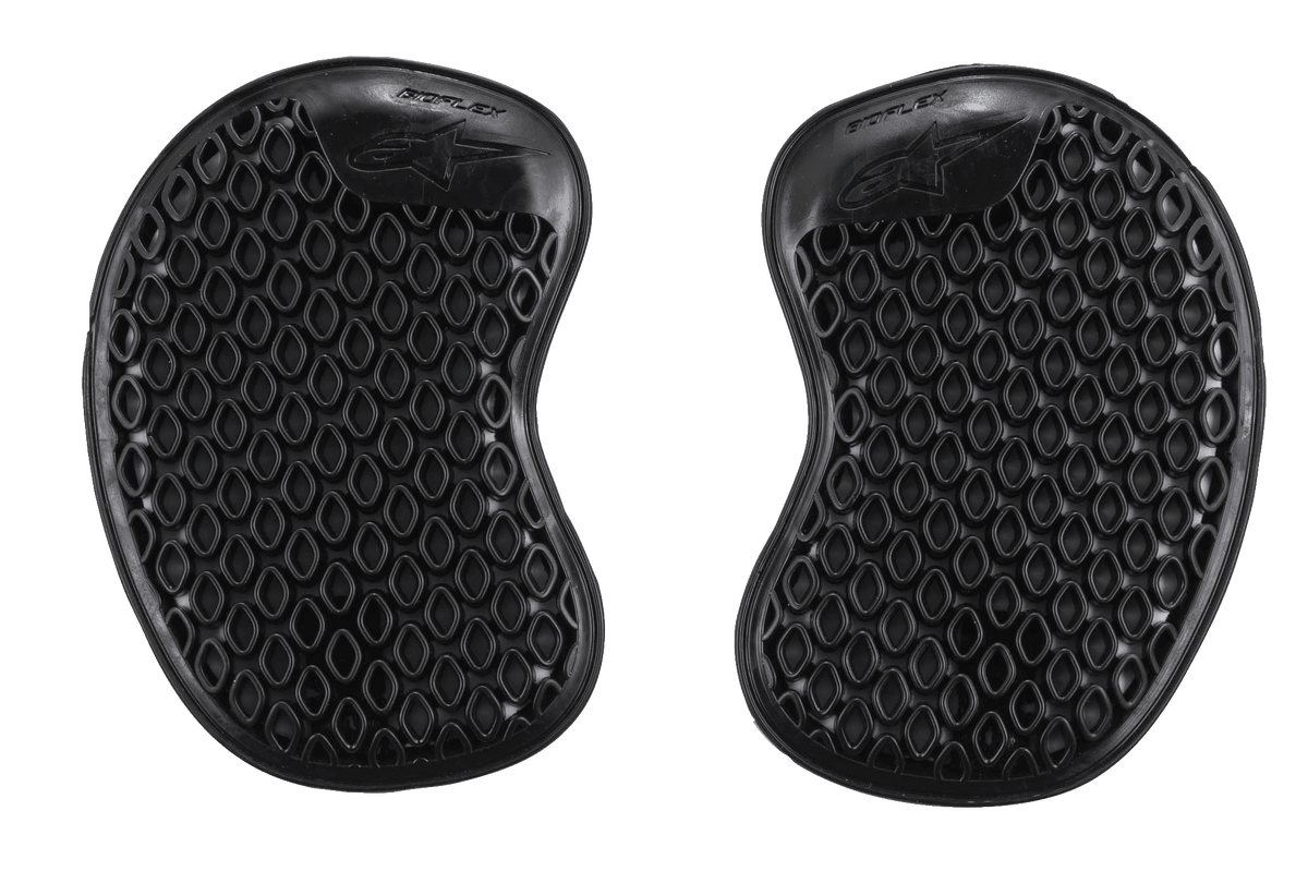 Alpinestars Bioflex Hip Protectors, protectores de cadera con patrón de panal, negros, diseño ergonómico en forma de riñón, acabado brillante, equipo de protección para moto