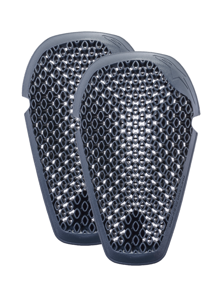 Alpinestars Nucleon Flex Pro Knee Protectors, Anthracite gray, pair of ergonomic motorcycle armor inserts featuring a ventilated honeycomb open-cell structure for airflow and lightweight impact protection