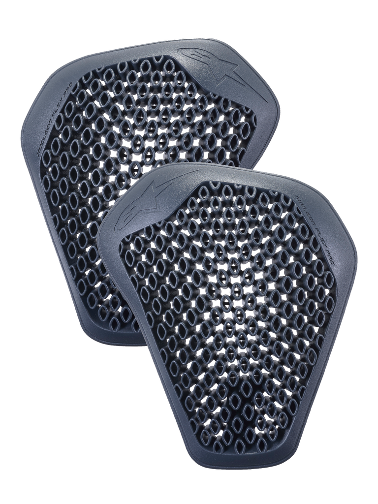 Alpinestars Nucleon Flex Pro Shoulder Protectors, pair of anthracite gray inserts with honeycomb cell structure, lightweight and ventilated ergonomic design for motorcycle riding jackets.