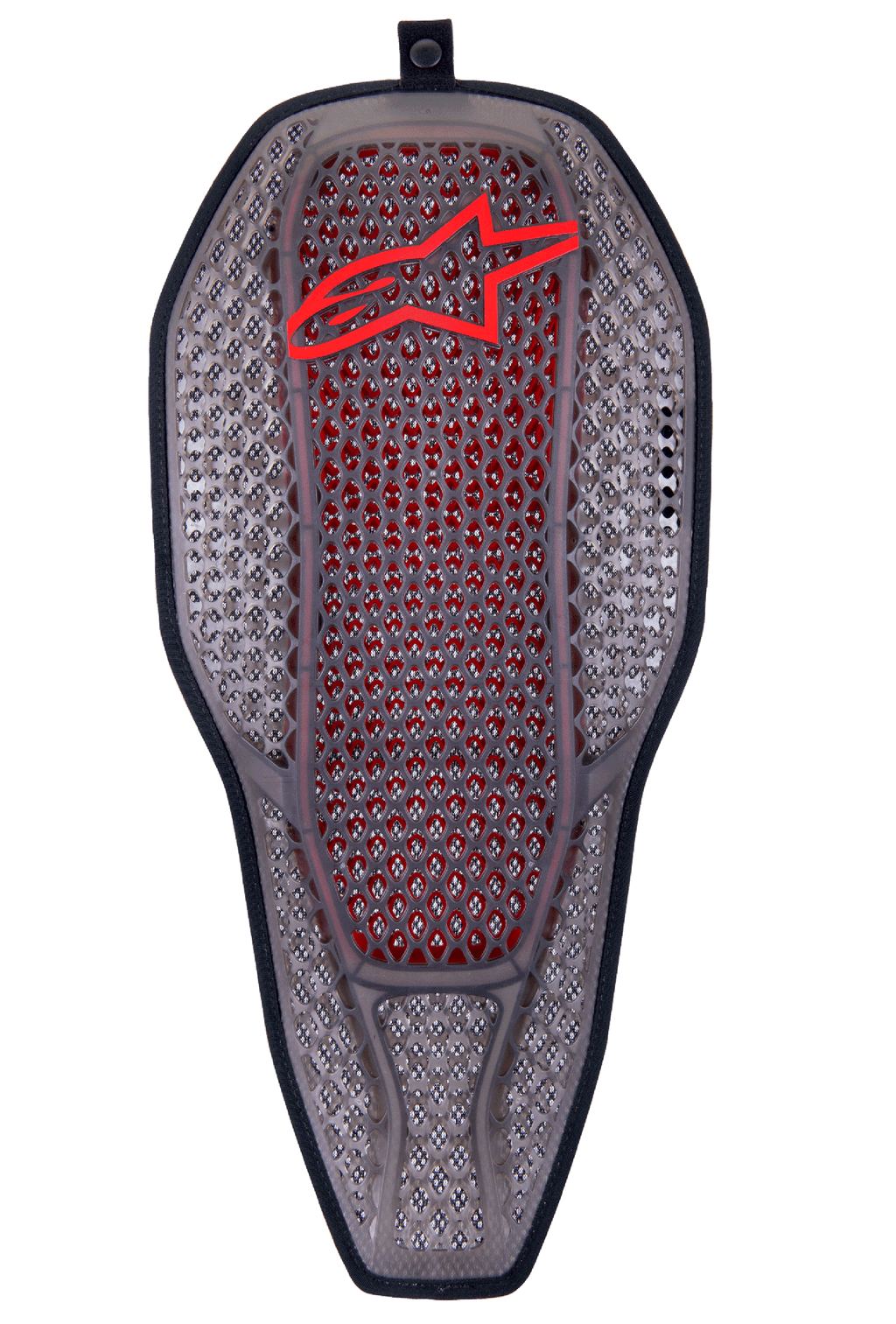 Alpinestars Nucleon Flex Proi Full Back Protector Insert, protector de espalda integral, color gris humo transparente con núcleo rojo, estructura hexagonal con logo rojo superior, forma ergonómica alargada y ventilación avanzada para motociclismo