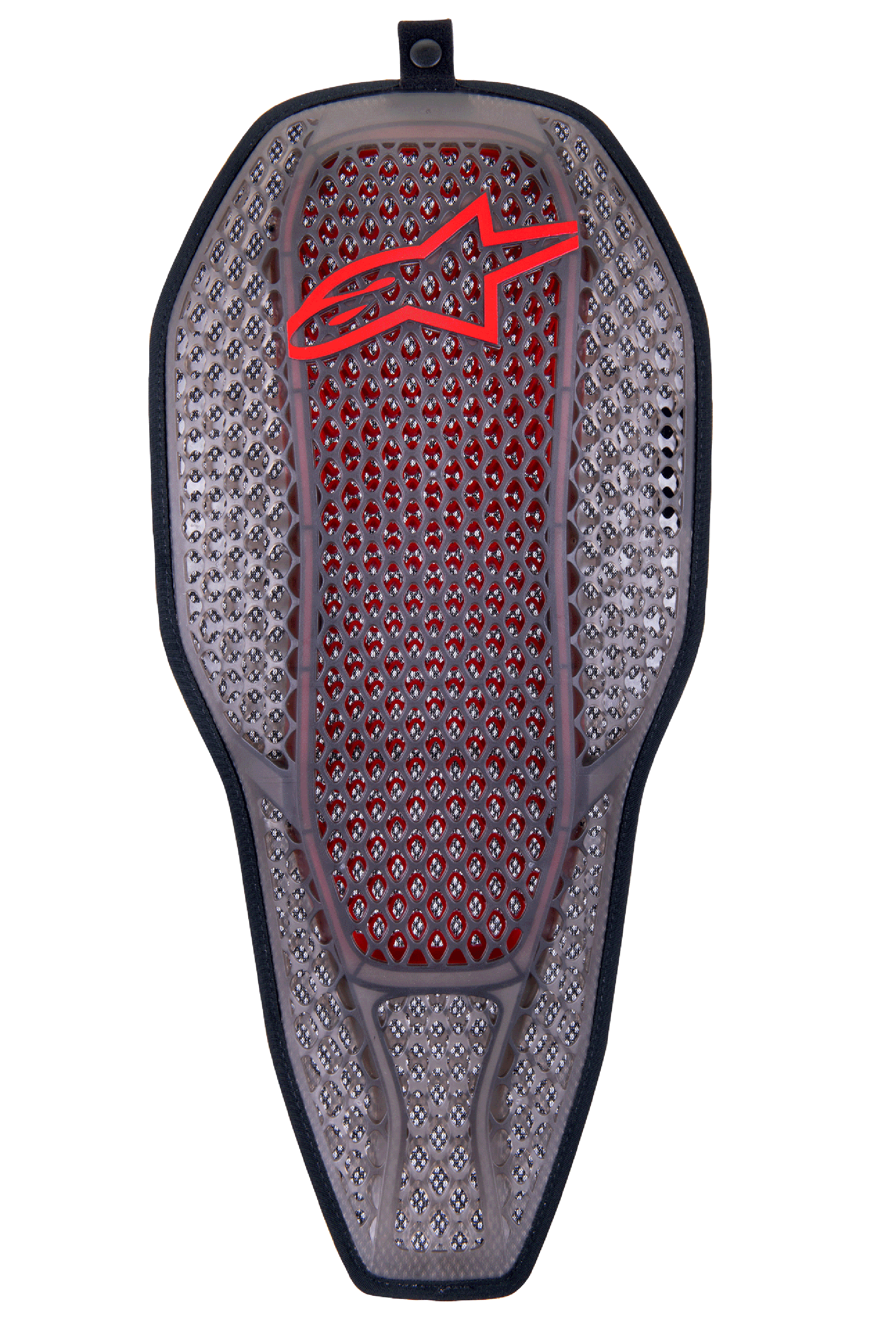 Alpinestars Nucleon Flex Proi Full Back Protector Insert, protector de espalda integral, color gris humo transparente con núcleo rojo, estructura hexagonal con logo rojo superior, forma ergonómica alargada y ventilación avanzada para motociclismo