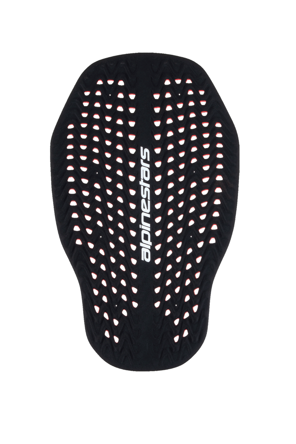 Inserto protector de espalda Alpinestars Nucleon Plasma, protector de espalda para moto en negro y rojo, estructura de panal altamente perforada para ventilación, logotipo de Alpinestars vertical en blanco, protección ligera y adaptable contra impactos con certificación CE de Nivel 2.