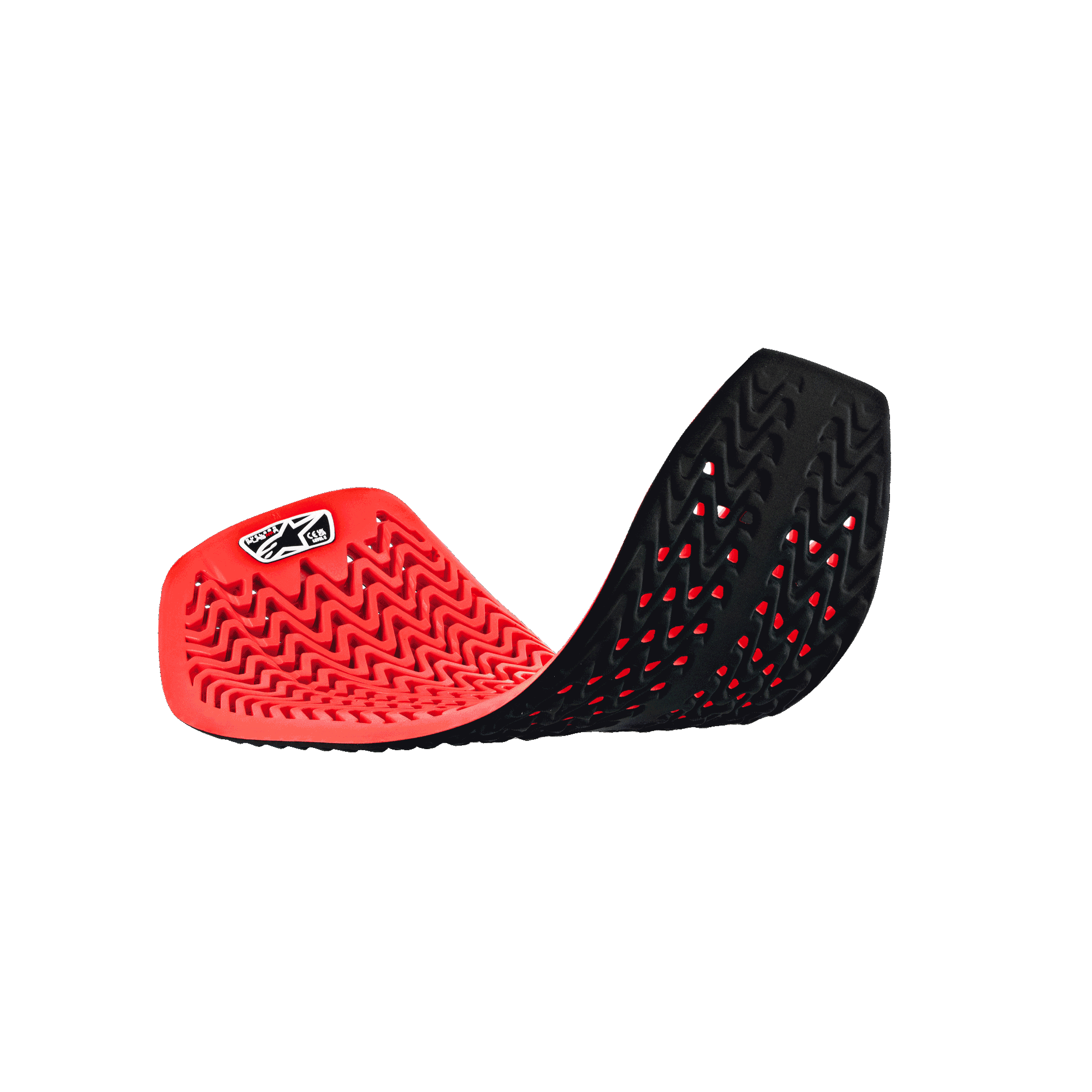 Alpinestars Nucleon Plasma Full Back Protector Insert, rojo y negro, posición curva flexible que muestra el diseño celular perforado, estructura ondulada de absorción de impactos, equipo de protección transpirable para motocicleta
