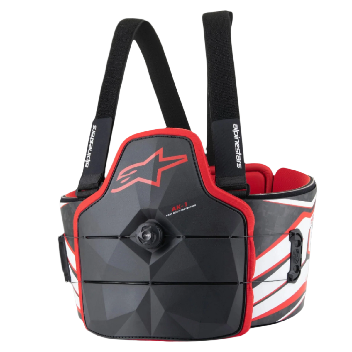 Alpinestars AK-1, peto de protección para karting, negro y rojo, diseño geométrico con patrón tipo carbono, logo de estrella roja, dial de ajuste central, interior acolchado rojo, tirantes negros ajustables, franjas blancas y rojas en laterales