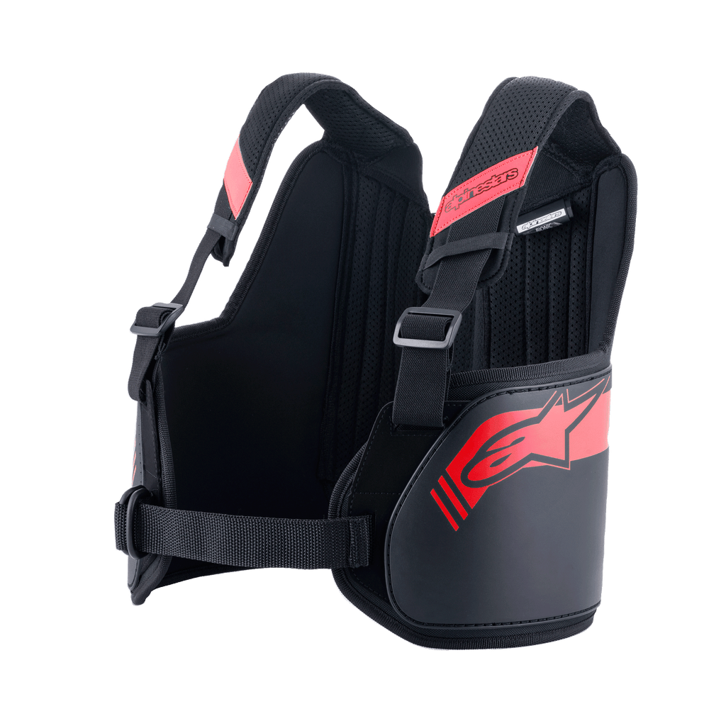 Alpinestars Bionic Rib Support, protector de costillas para karting, negro y rojo, con correas ajustables para los hombros con hebillas, diseño ergonómico contorneado con logotipo rojo, tejido de malla transpirable para protección en deportes de motor