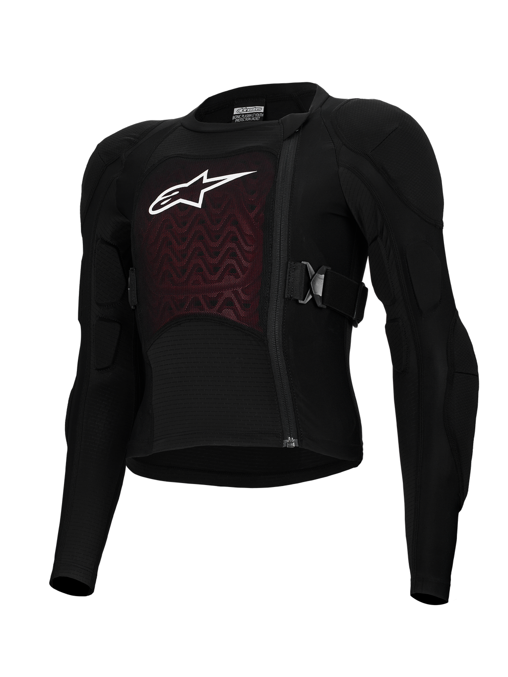 Alpinestars Bionic Plasma LT Youth Protection Jacket, Black and Red, Motorcycle Protective Gear, featuring padded shoulders and elbows, offset front zipper, adjustable side straps, and textured chest panel with white logo