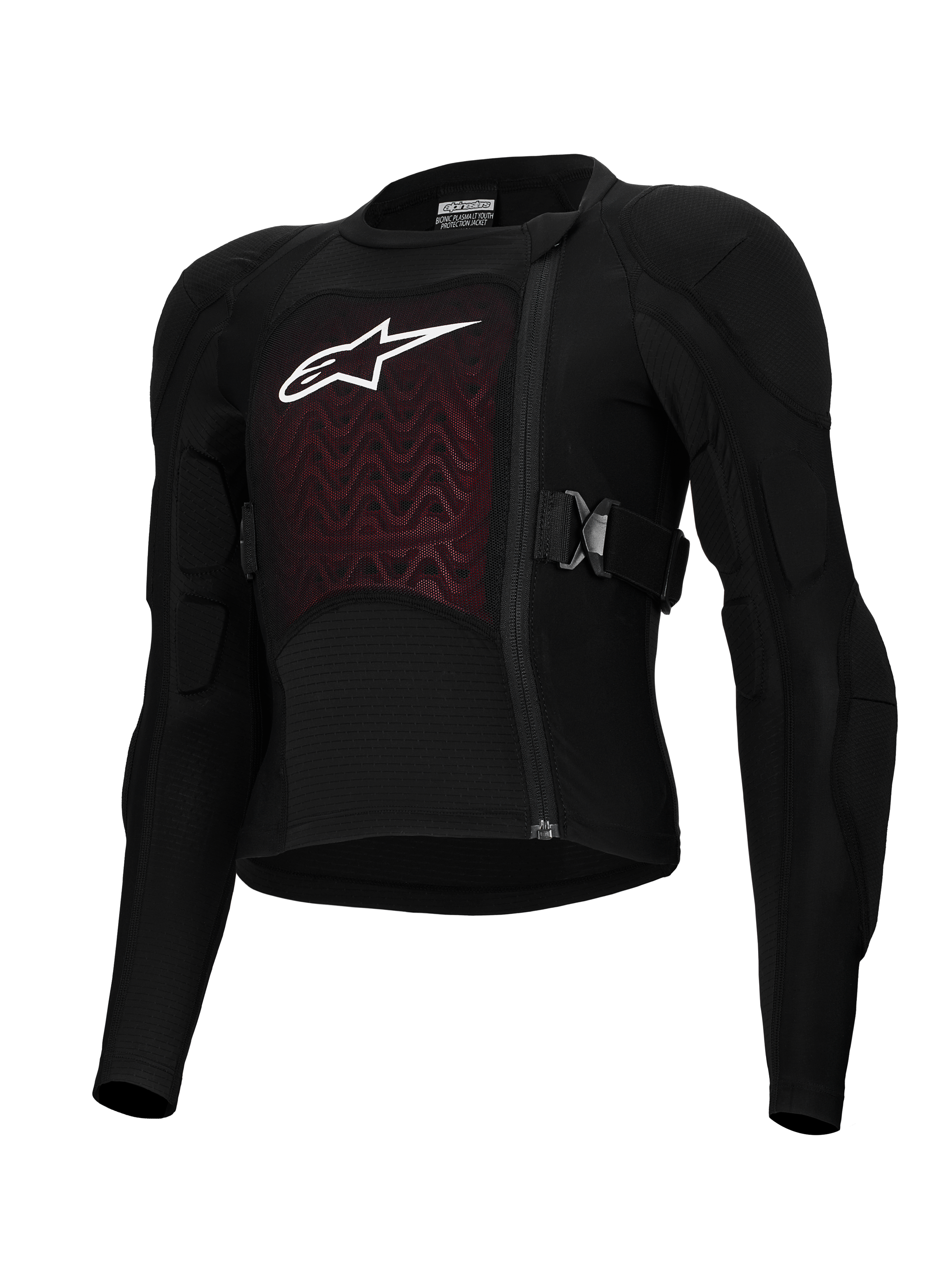 Alpinestars Bionic Plasma LT Youth Protection Jacket, chaqueta protectora juvenil para motociclismo, negra y roja, con hombros y codos acolchados, cremallera frontal desplazada, correas laterales ajustables y panel en el pecho texturizado con logo blanco