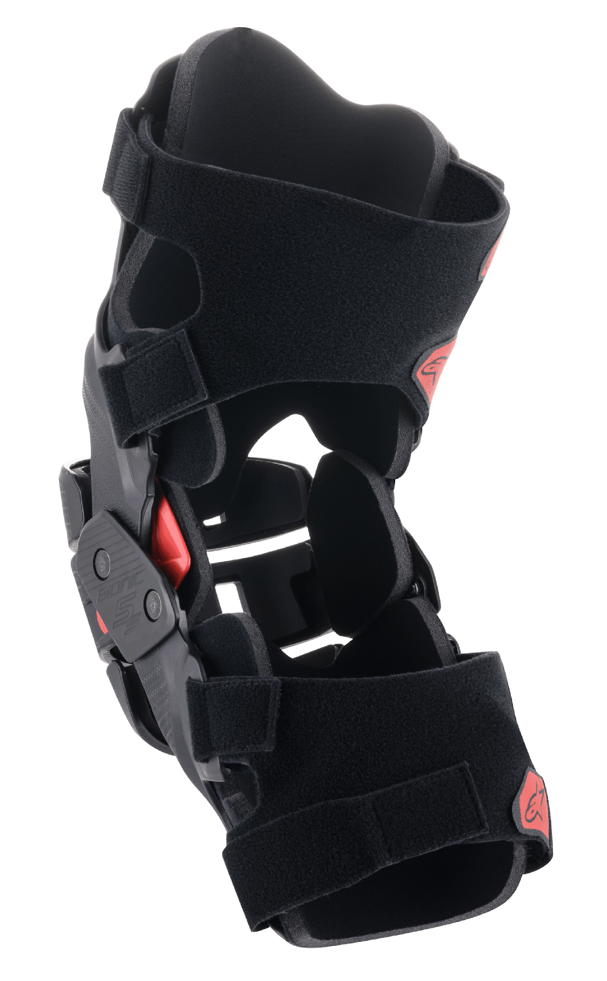 Alpinestars Youth Bionic 5S Knee Brace, Motocross Knee Protector, Black and Red, featuring a hybrid frame construction, stable four-point hinge system, and adjustable Velcro straps, protective and lightweight design for young off-road riders
