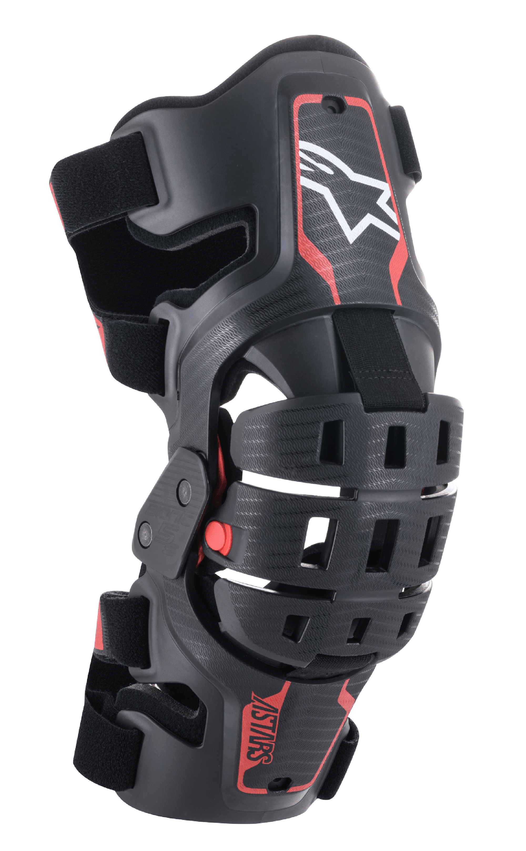 Alpinestars Youth Bionic 5S Knee Brace, Motocross Knee Protector, Black and Red, featuring a white star logo, articulated four-point hinge system, rugged composite frame with adjustable straps, designed for youth off-road racing