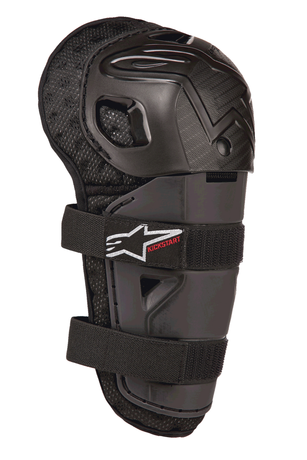 Alpinestars Bionic Action Kickstart Knee Guard, protector de rodilla y espinilla de motocross juvenil, negro, con carcasa de plástico articulada, cierre de doble correa elástica con logo blanco y marca Kickstart en rojo, y respaldo de malla acolchada para protección todoterreno