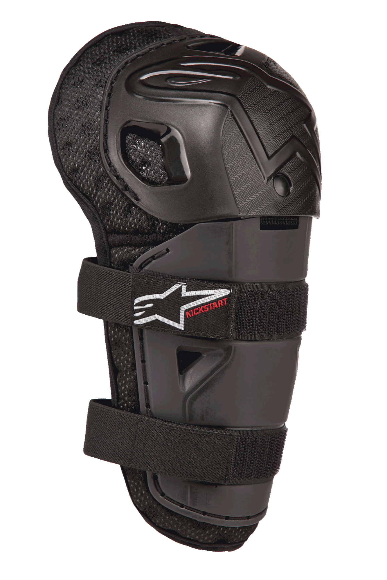 Alpinestars Bionic Action Kickstart Knee Guard, protector de rodilla y espinilla de motocross juvenil, negro, con carcasa de plástico articulada, cierre de doble correa elástica con logo blanco y marca Kickstart en rojo, y respaldo de malla acolchada para protección todoterreno